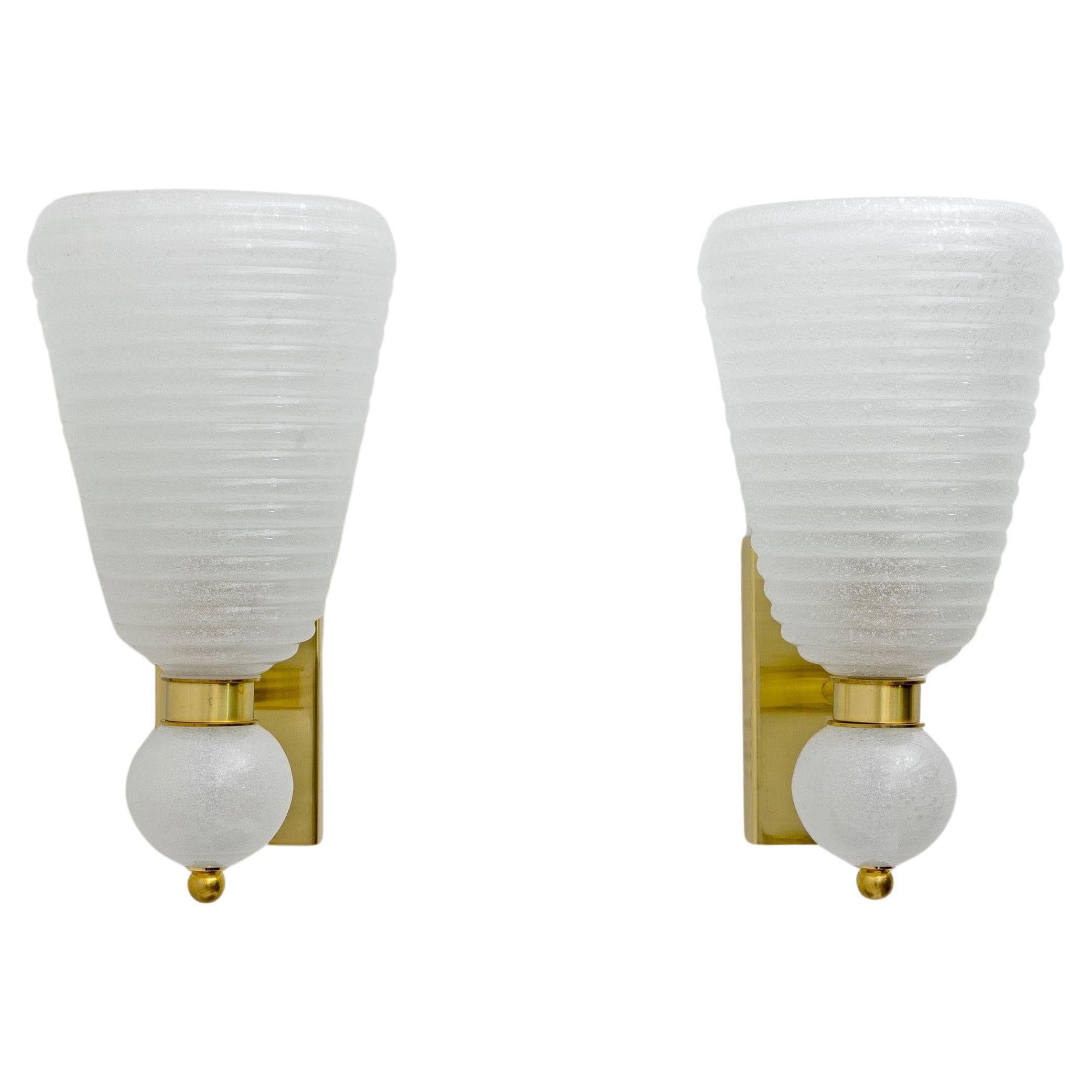 Pair of Mid-century Modern Brass and "Pulegoso" Murano Glass Sconces