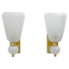 Pair of Mid-century Modern Brass and "Pulegoso" Murano Glass Sconces