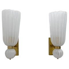 Vintage Pair of Mid-century Modern Brass and "Pulegoso" Murano Glass Sconces