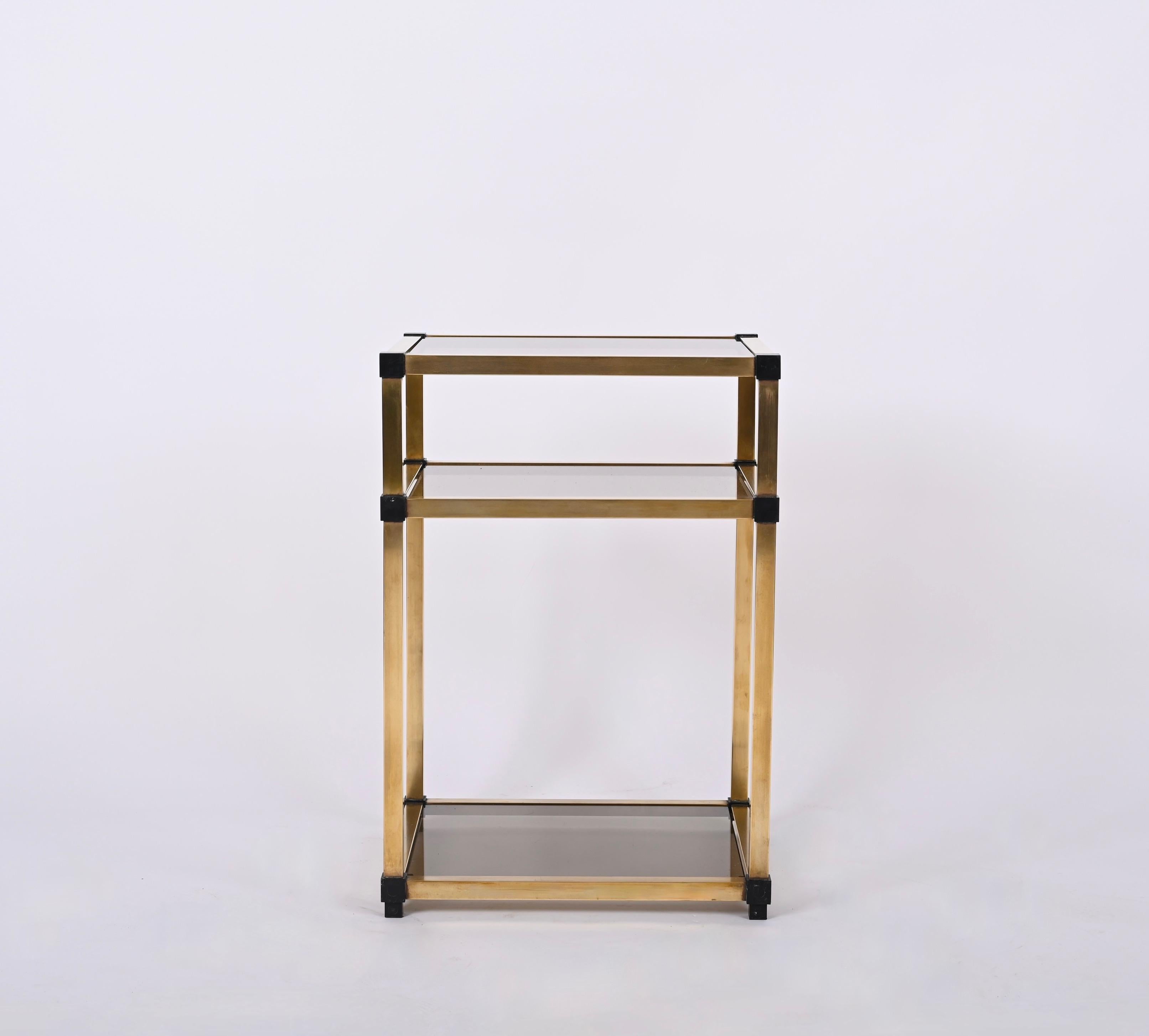 Pair of Mid-Century Modern Brass and Smoked Glass Italian Bedside Tables, 1970s 6