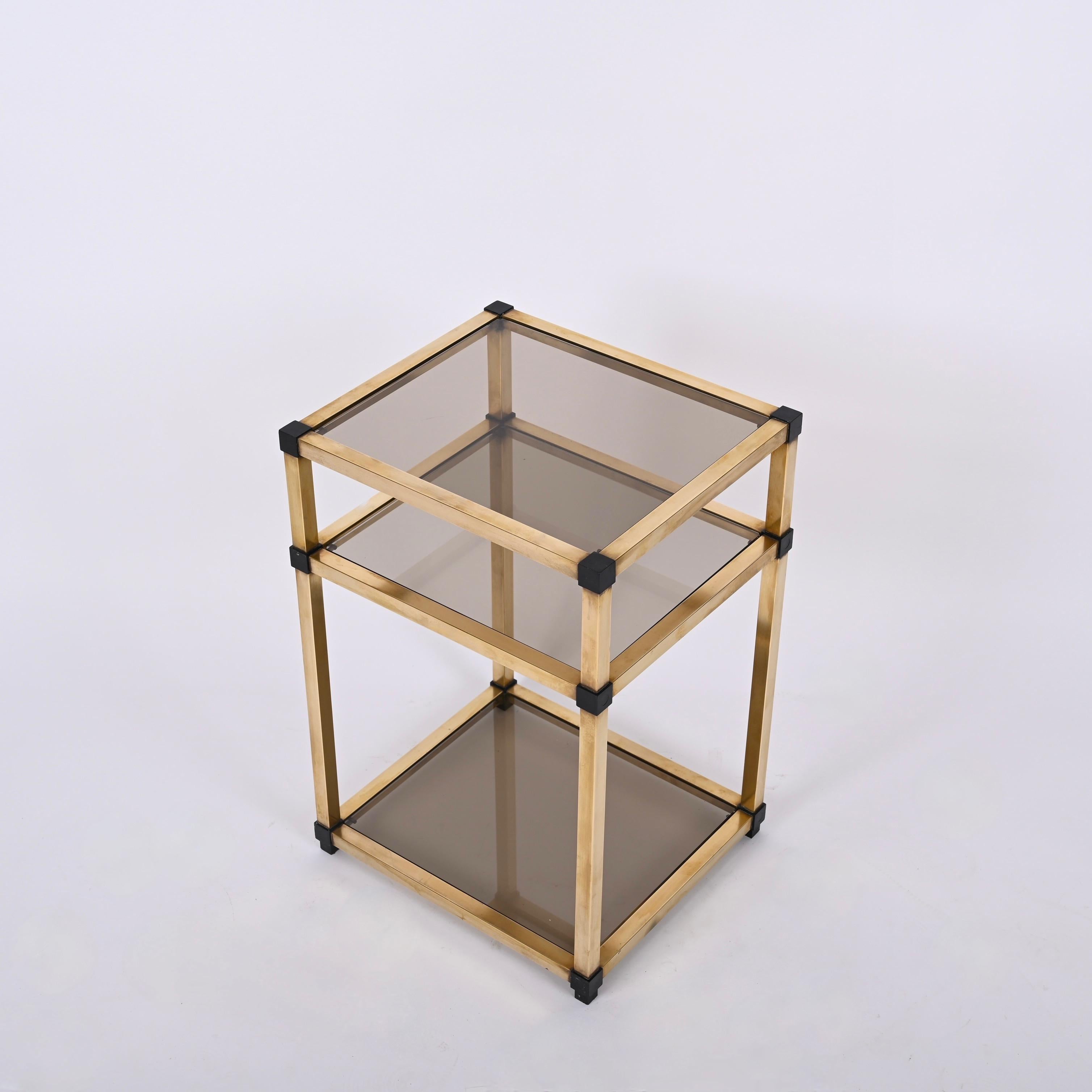 Pair of Mid-Century Modern Brass and Smoked Glass Italian Bedside Tables, 1970s 7