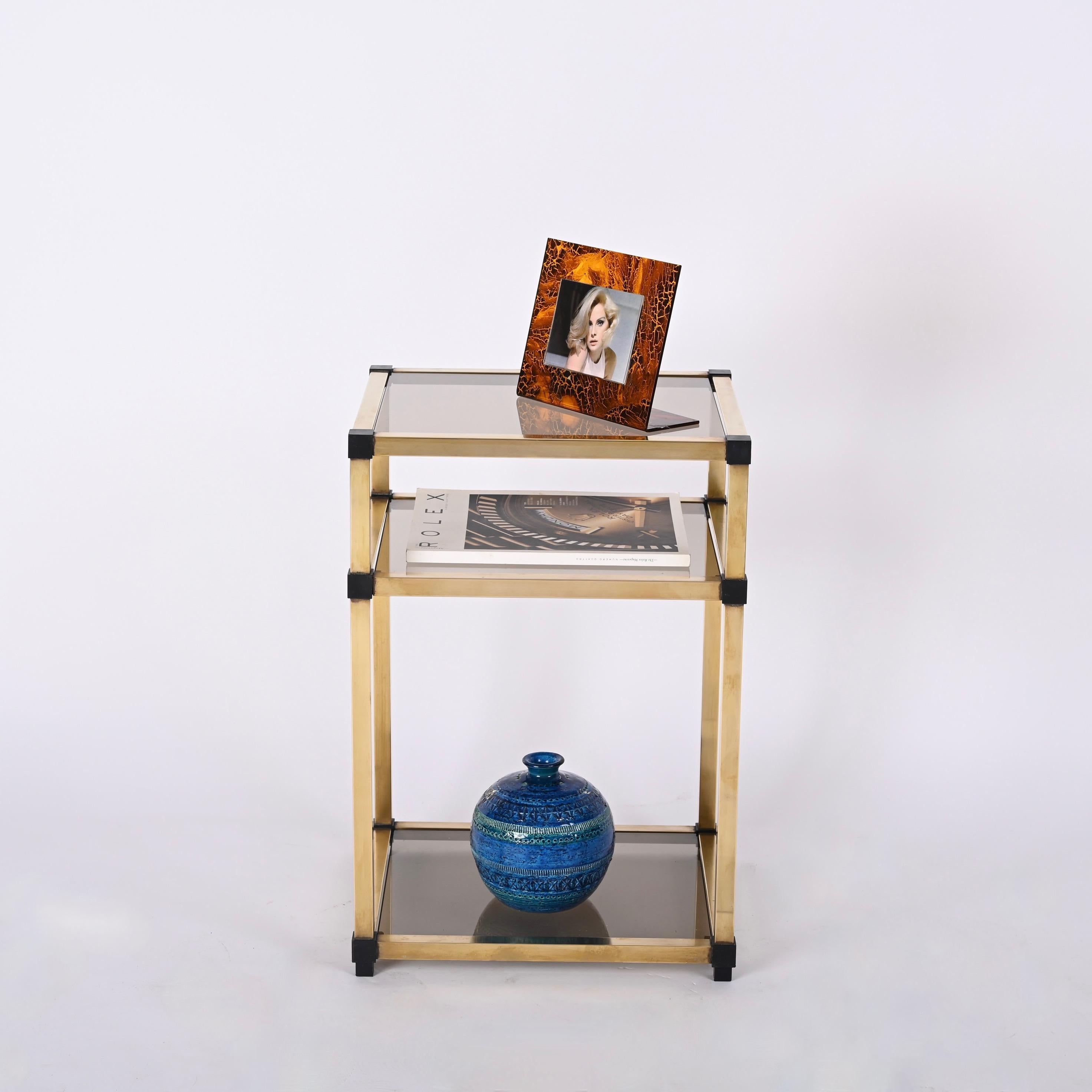 Pair of Mid-Century Modern Brass and Smoked Glass Italian Bedside Tables, 1970s 8