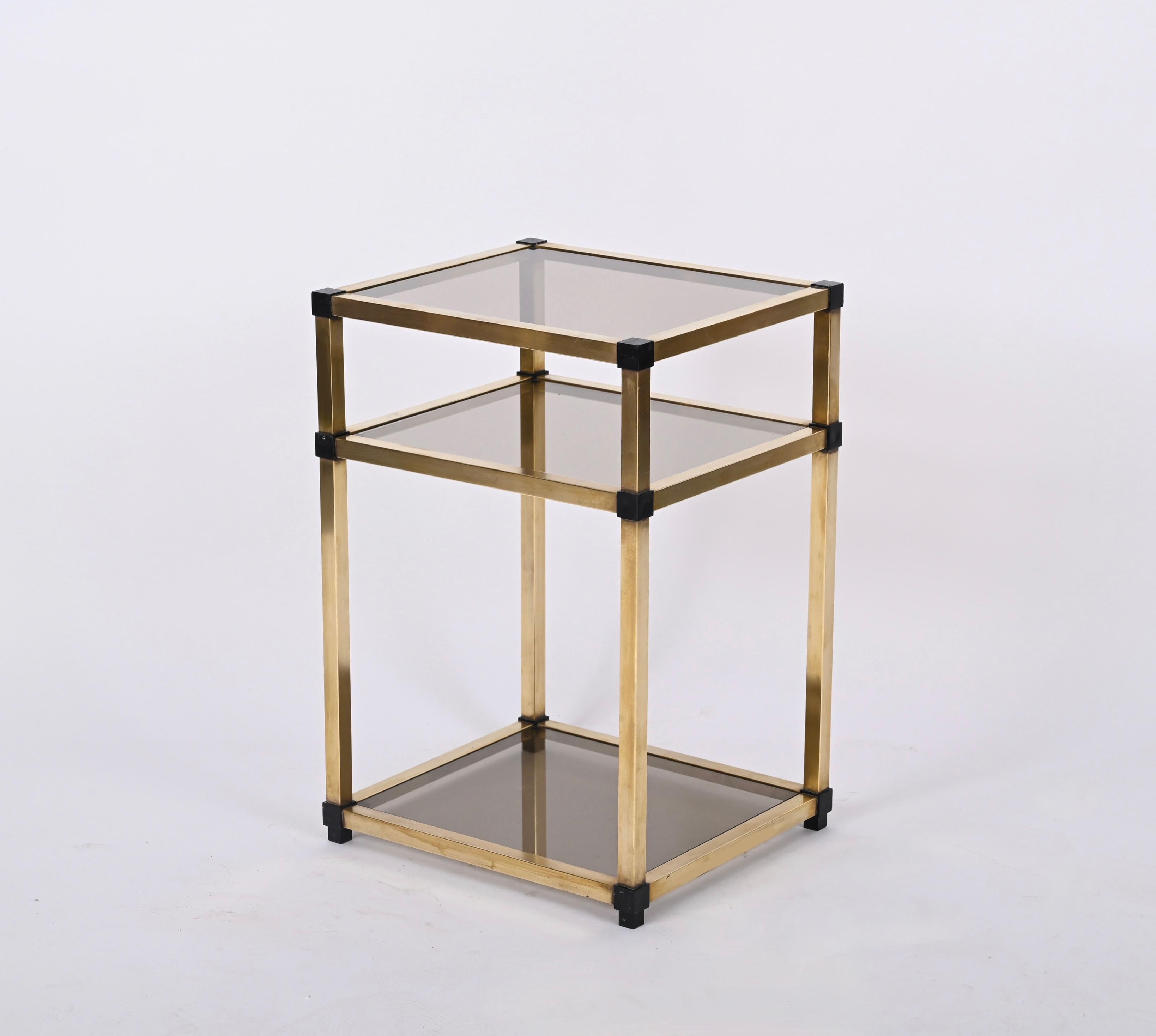 Pair of Mid-Century Modern Brass and Smoked Glass Italian Bedside Tables, 1970s 10