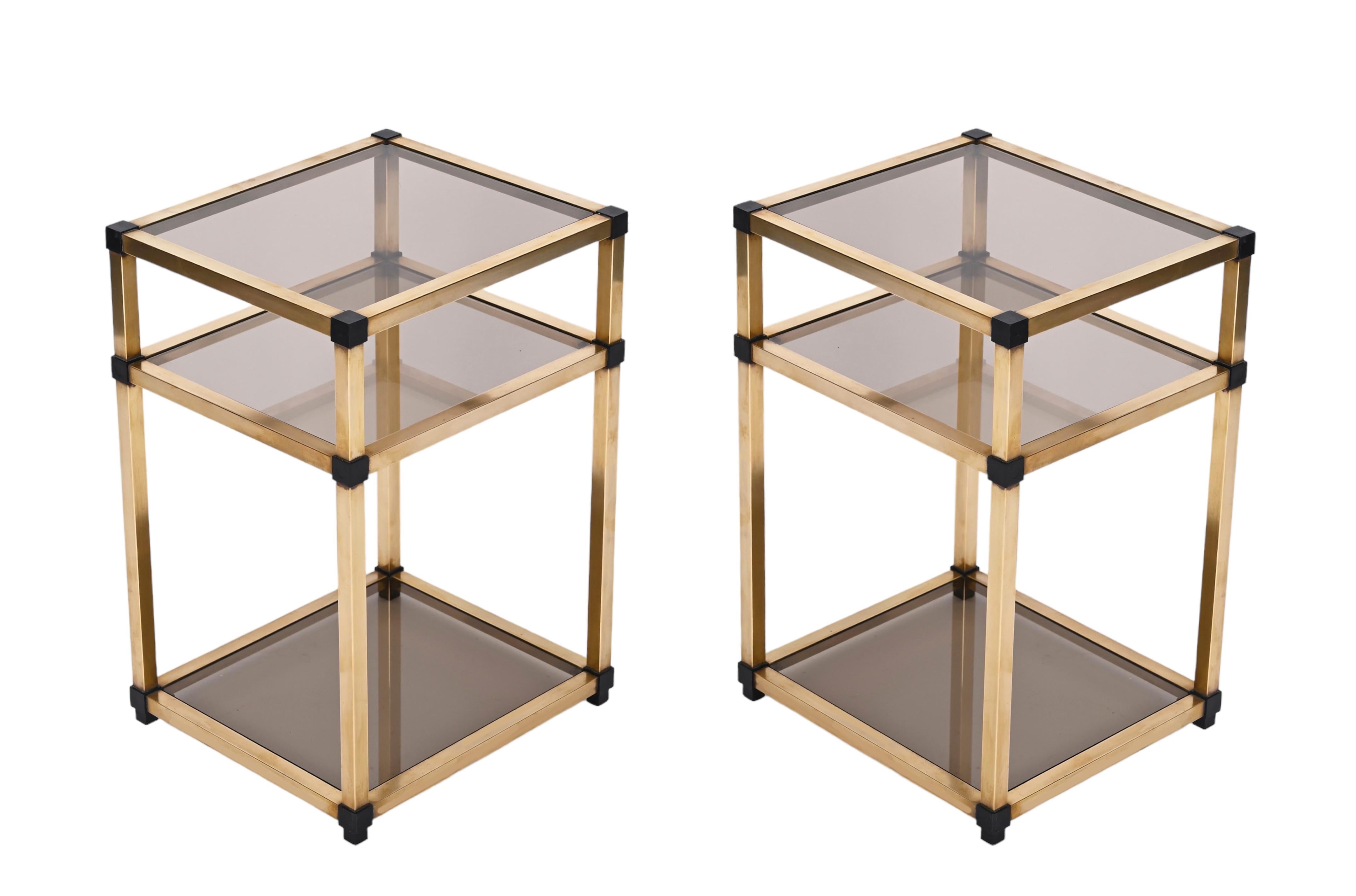 Pair of Mid-Century Modern Brass and Smoked Glass Italian Bedside Tables, 1970s 12