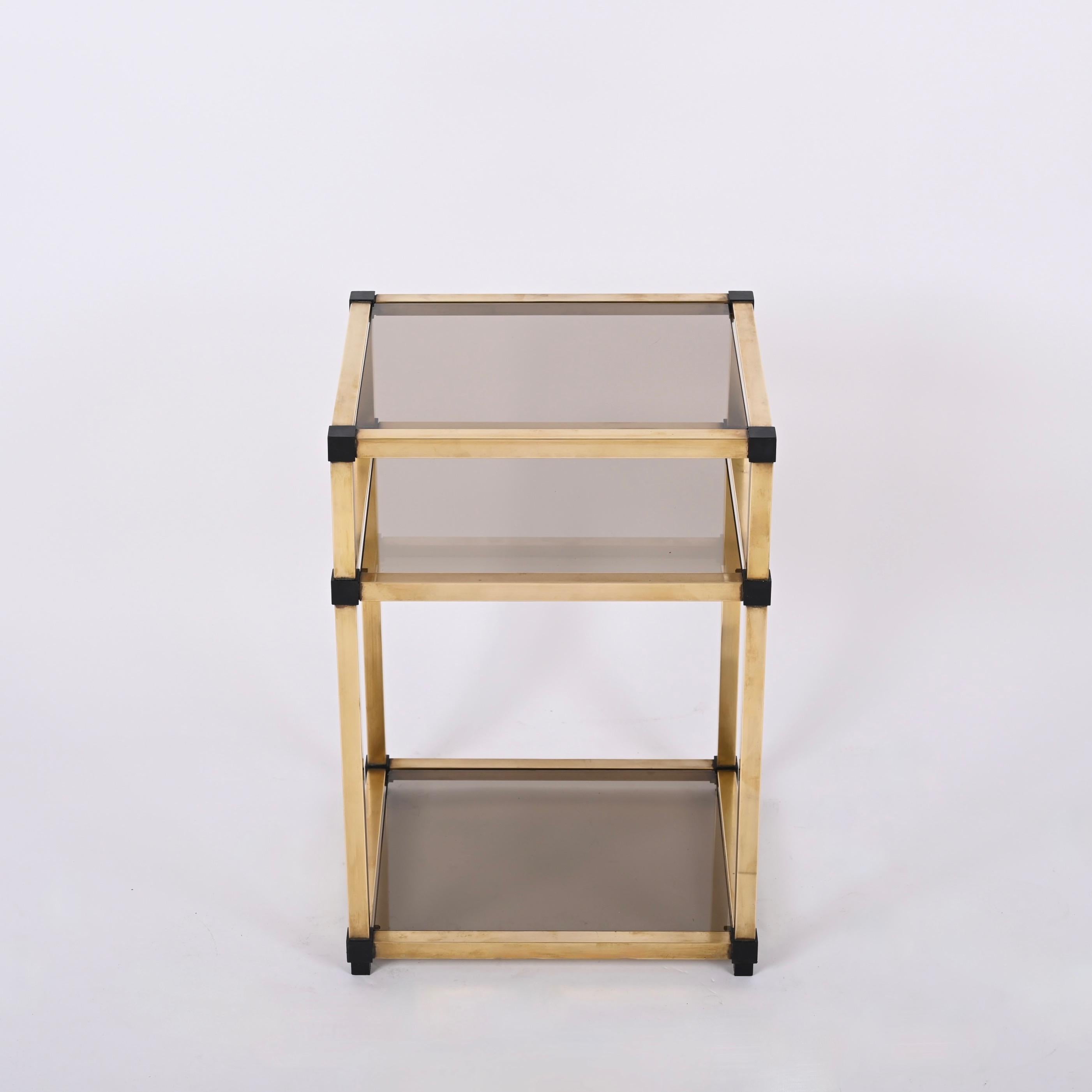 Pair of Mid-Century Modern Brass and Smoked Glass Italian Bedside Tables, 1970s 13