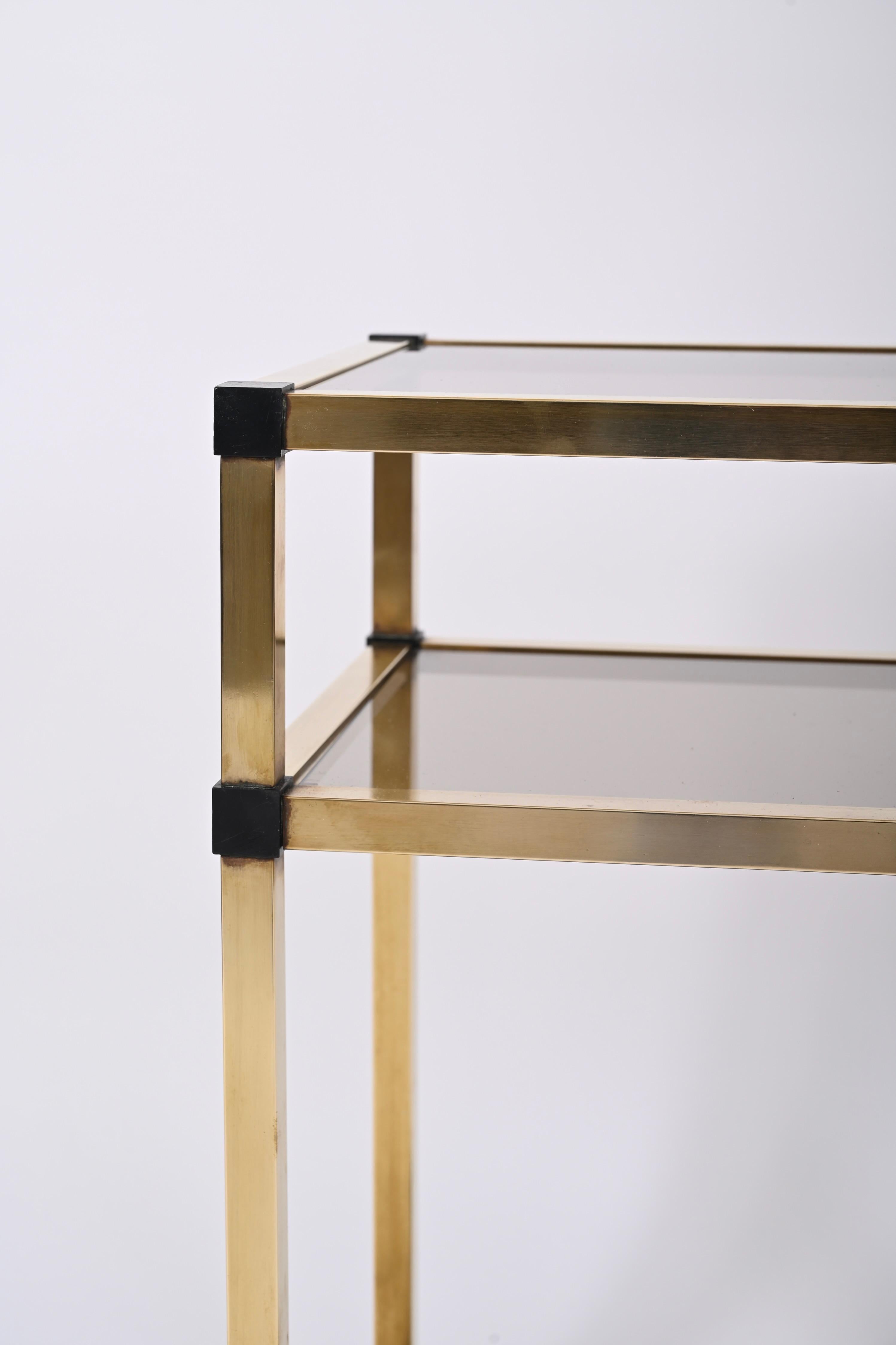 Pair of Mid-Century Modern Brass and Smoked Glass Italian Bedside Tables, 1970s 16