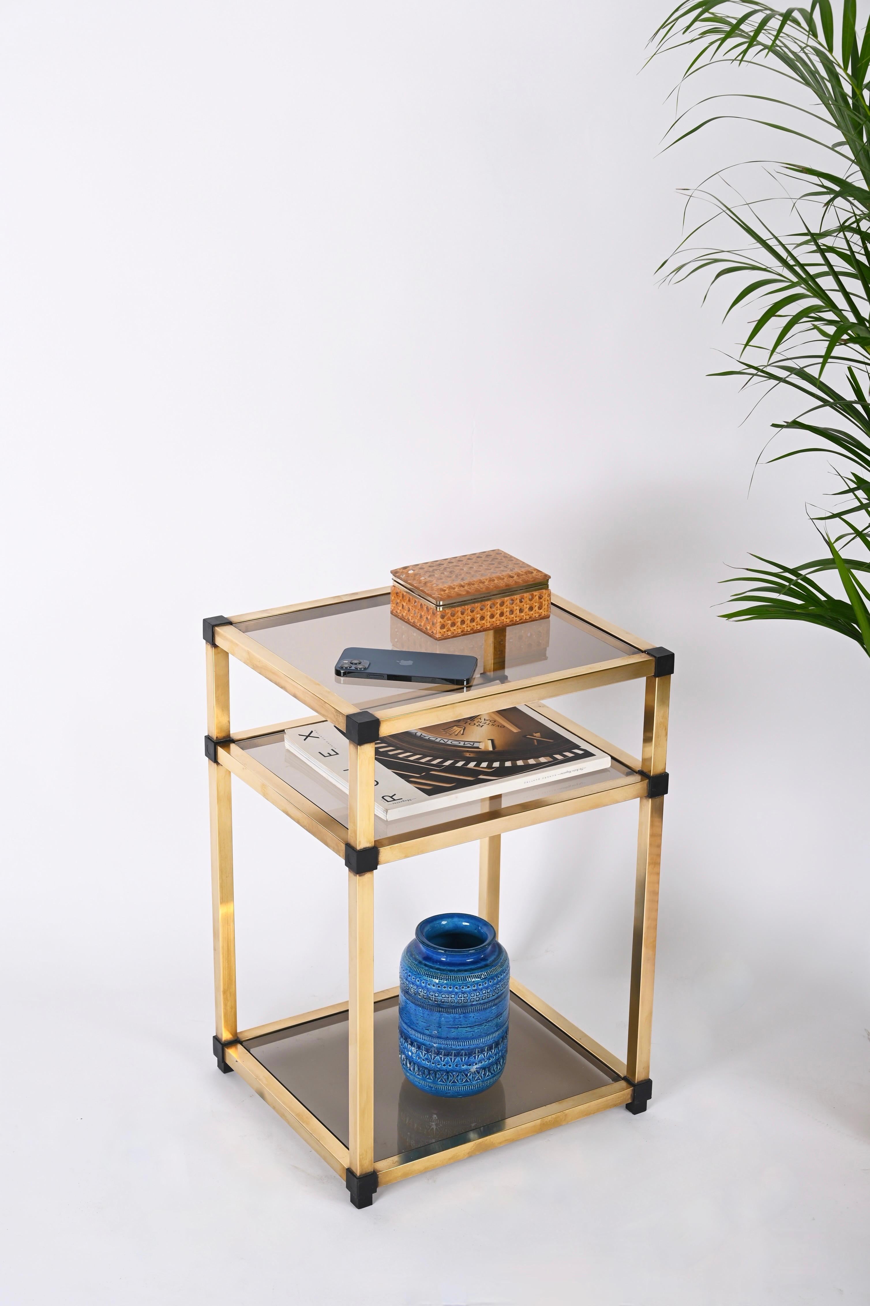 Pair of Mid-Century Modern Brass and Smoked Glass Italian Bedside Tables, 1970s 1