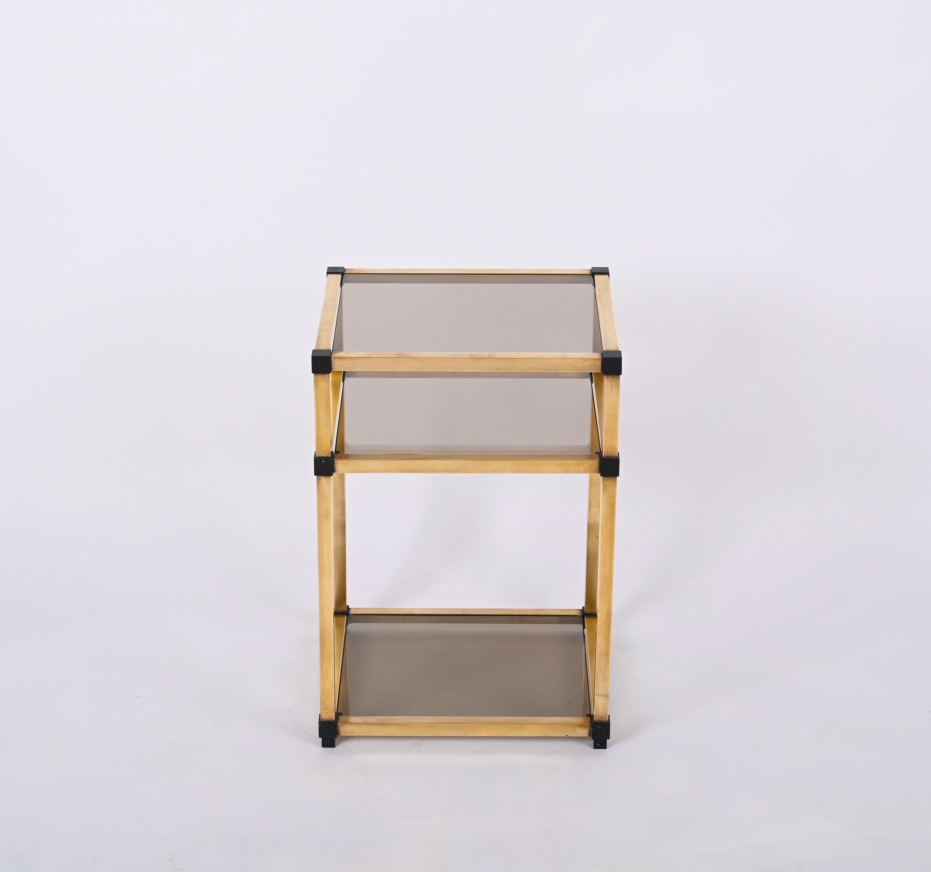 Pair of Mid-Century Modern Brass and Smoked Glass Italian Bedside Tables, 1970s 2