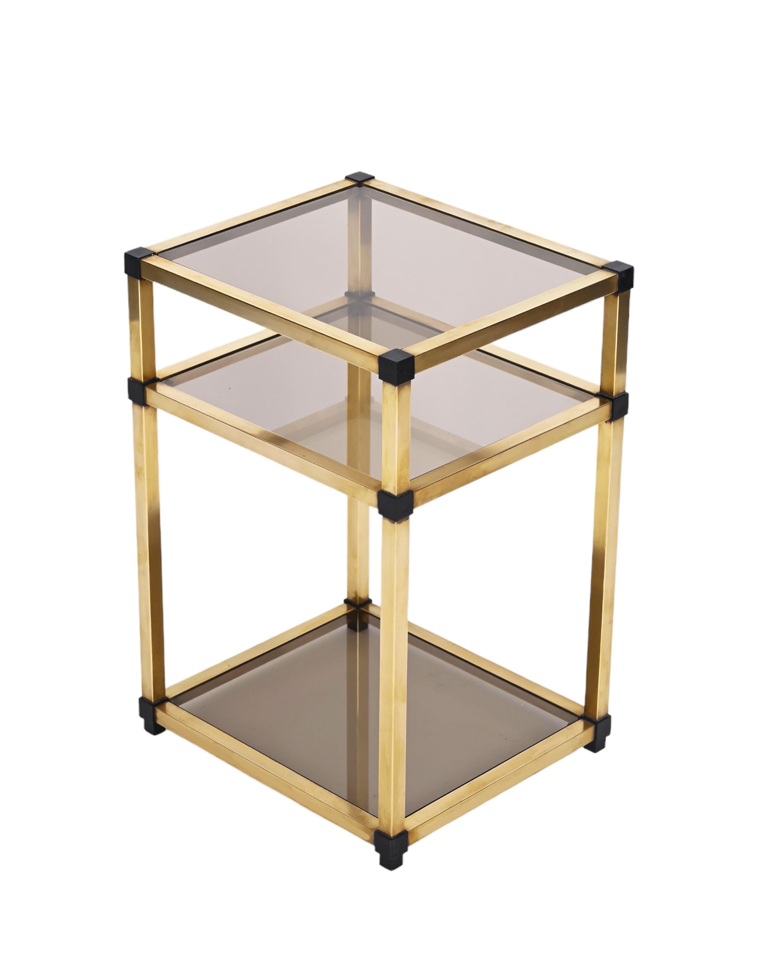 Pair of Mid-Century Modern Brass and Smoked Glass Italian Bedside Tables, 1970s 3