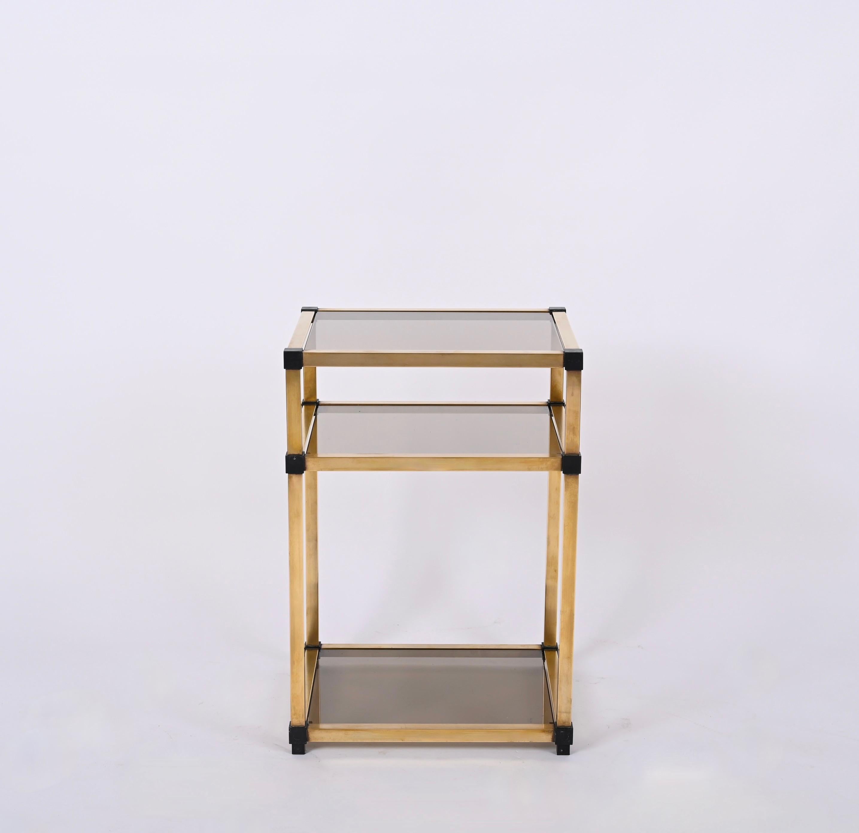 Pair of Mid-Century Modern Brass and Smoked Glass Italian Bedside Tables, 1970s 5
