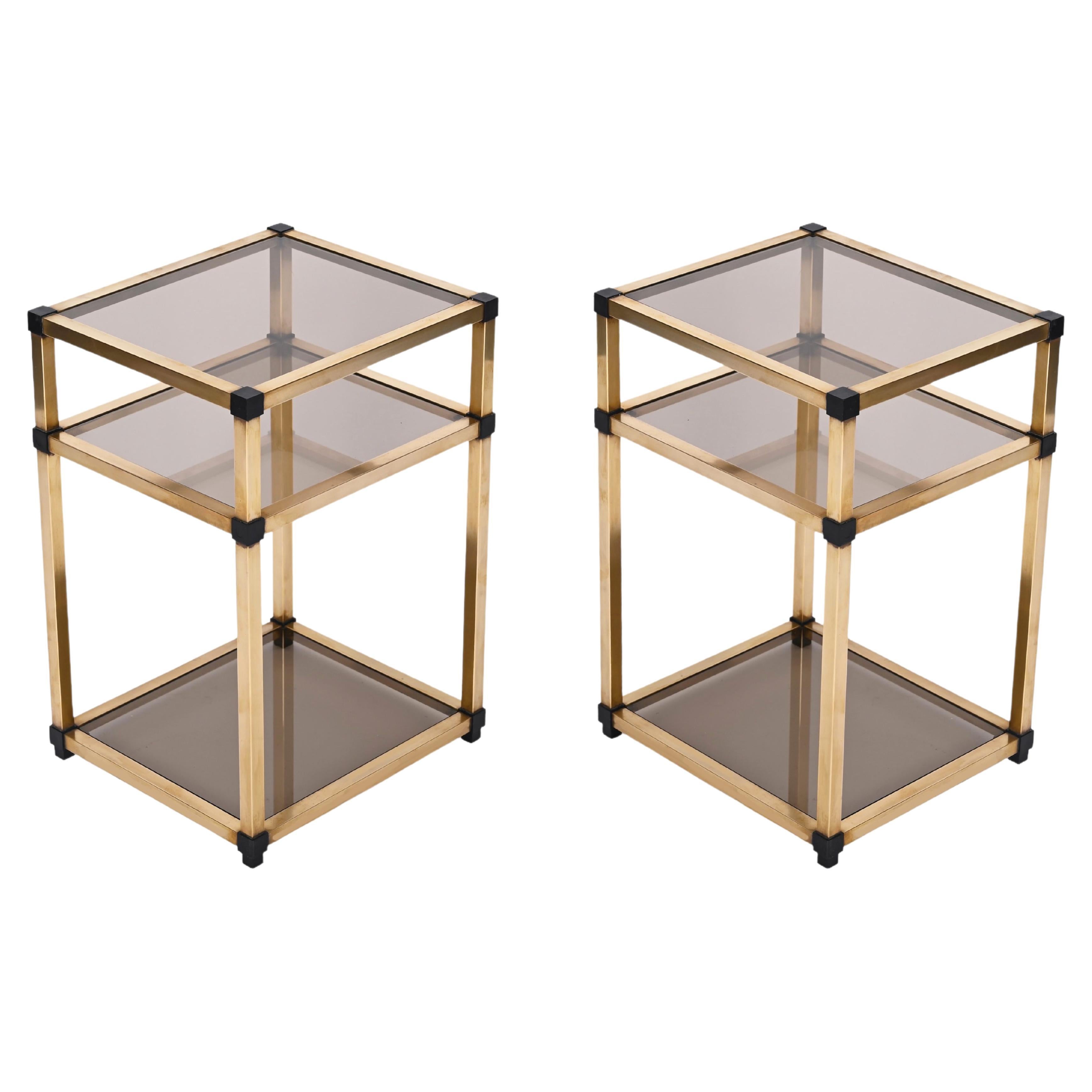Pair of Mid-Century Modern Brass and Smoked Glass Italian Bedside Tables, 1970s