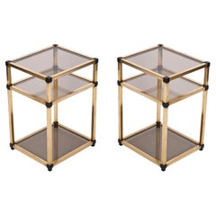 Pair of Mid-Century Modern Brass and Smoked Glass Italian Bedside Tables, 1970s