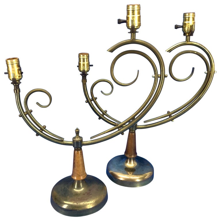 Pair Of Mid-Century Modern Brass And Wood Table Lamps For Sale 1