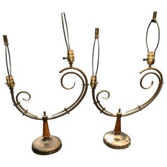Pair Of Mid-Century Modern Brass And Wood Table Lamps