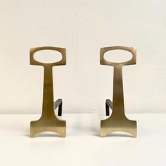 Pair of Mid-Century Modern Brass Andirons, circa 1970, France.