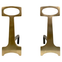 Pair of Mid-Century Modern Brass Andirons, circa 1970, France.