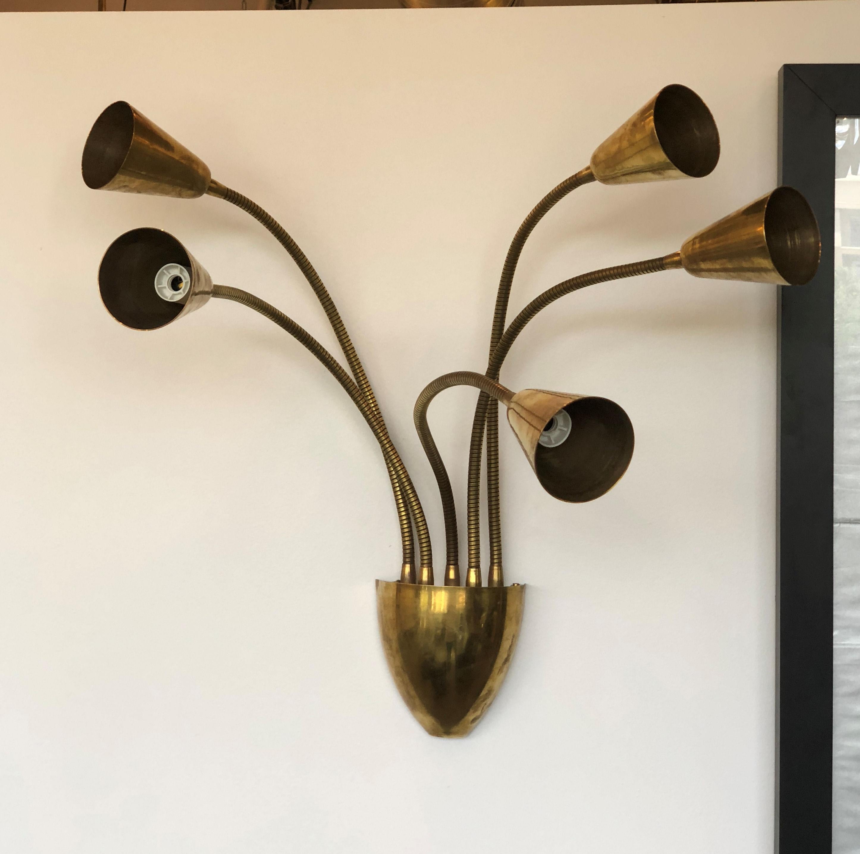Pair of Mid-Century Modern Brass Articulated Sconces, by Sarfatti for Arteluce 1