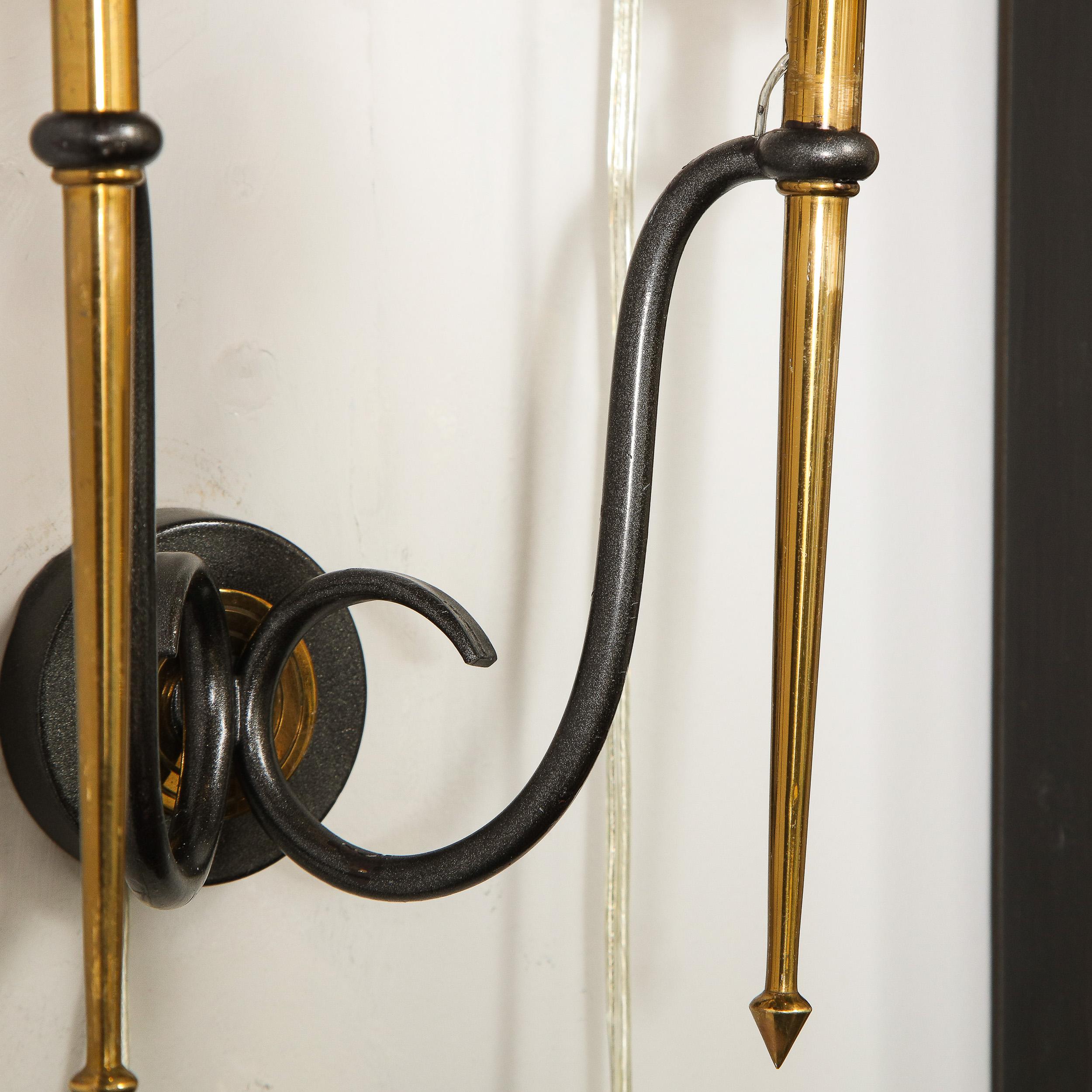 Pair of Mid-Century Modern Brass & Black Enamel Sconces w/ Curvilinear Detailing For Sale 4