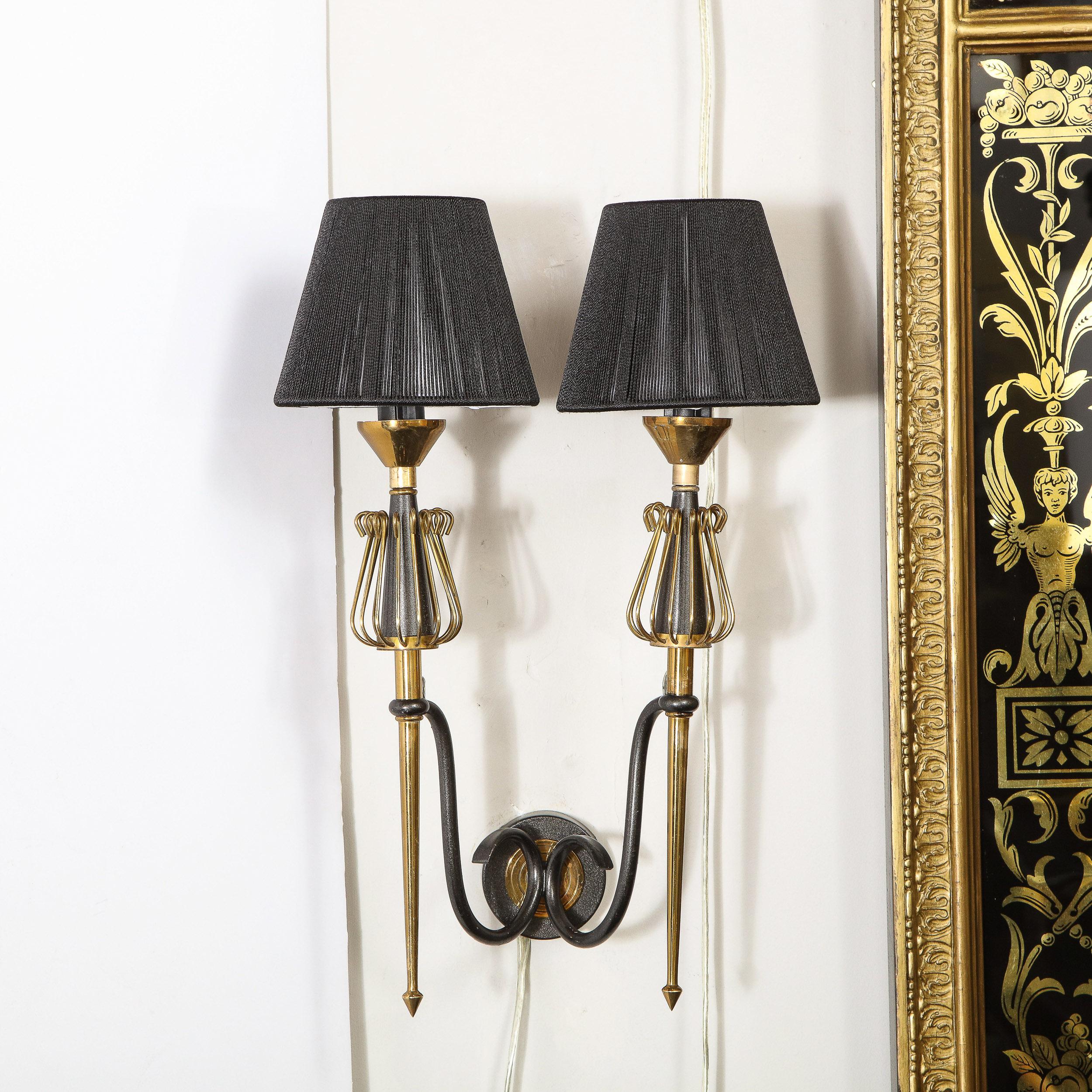 Pair of Mid-Century Modern Brass & Black Enamel Sconces w/ Curvilinear Detailing For Sale 5