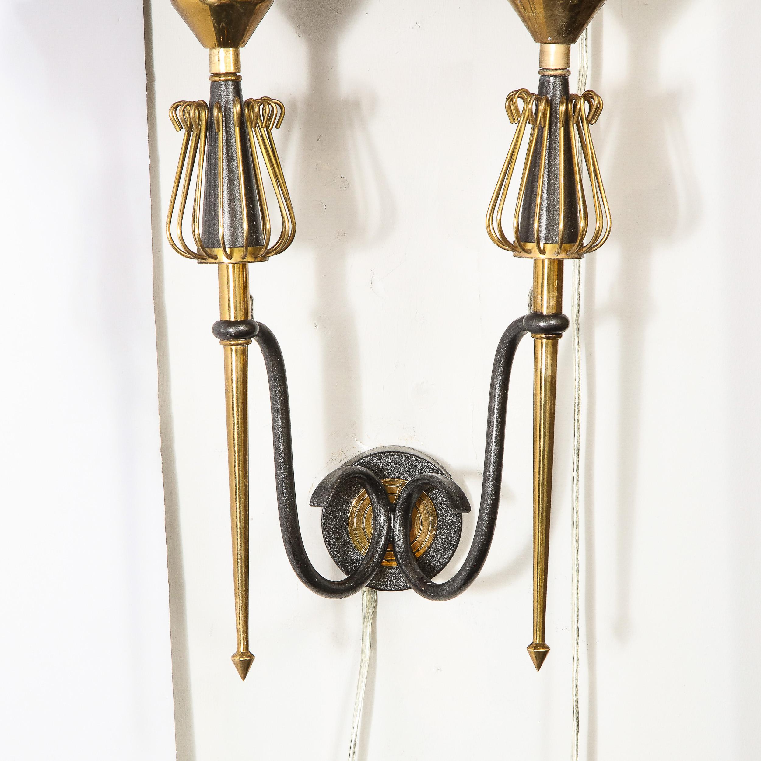 Pair of Mid-Century Modern Brass & Black Enamel Sconces w/ Curvilinear Detailing For Sale 7