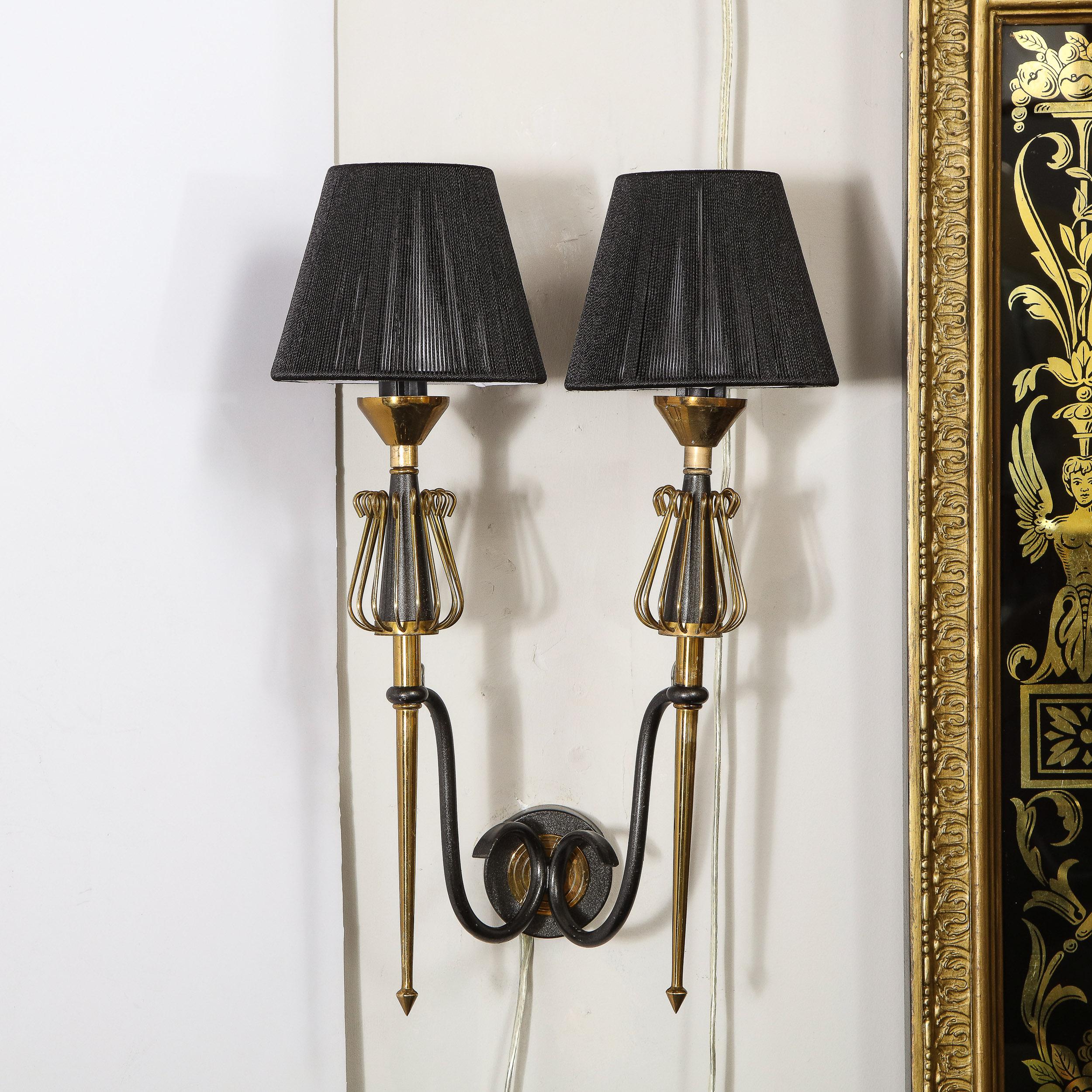 French Pair of Mid-Century Modern Brass & Black Enamel Sconces w/ Curvilinear Detailing For Sale