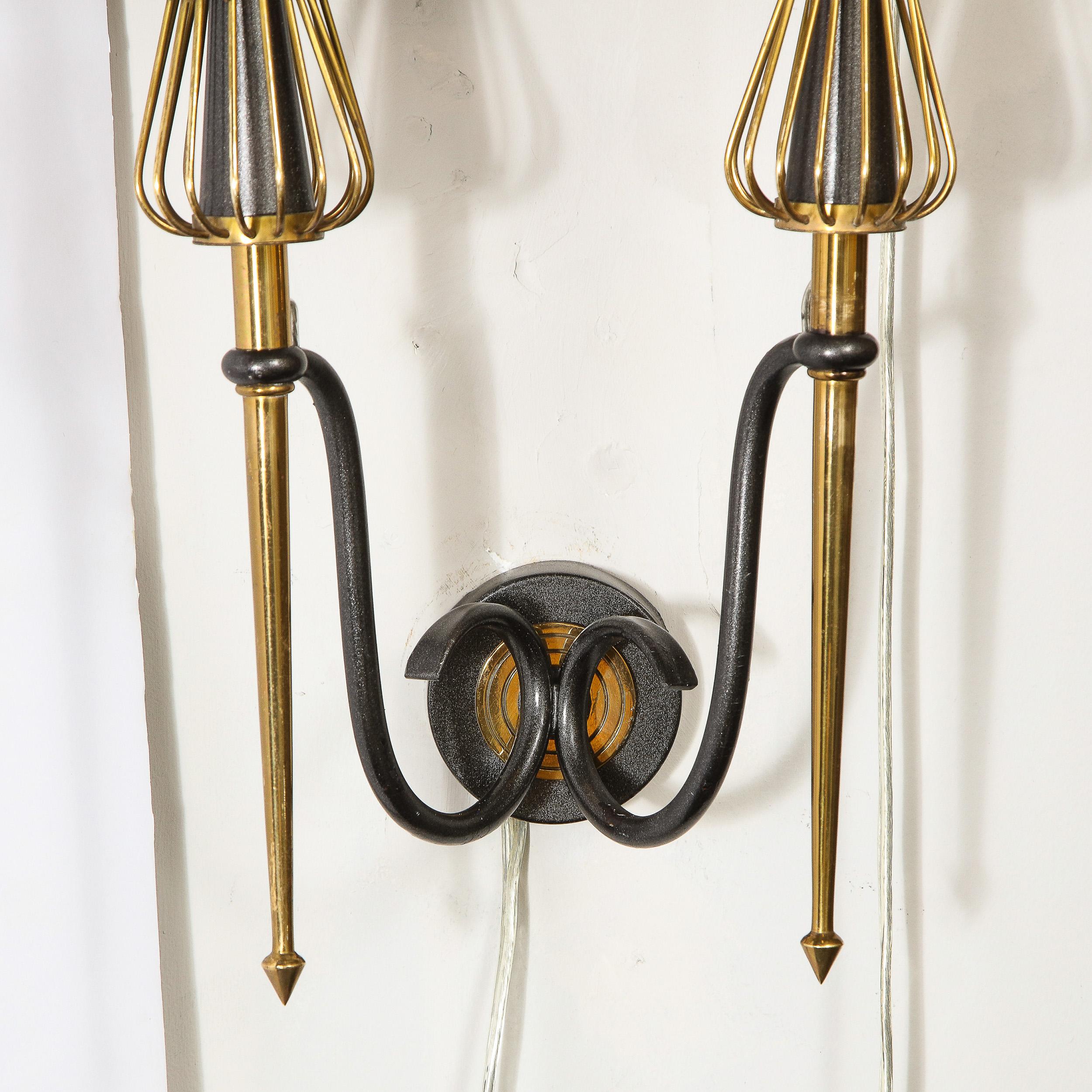 Pair of Mid-Century Modern Brass & Black Enamel Sconces w/ Curvilinear Detailing In Excellent Condition For Sale In New York, NY