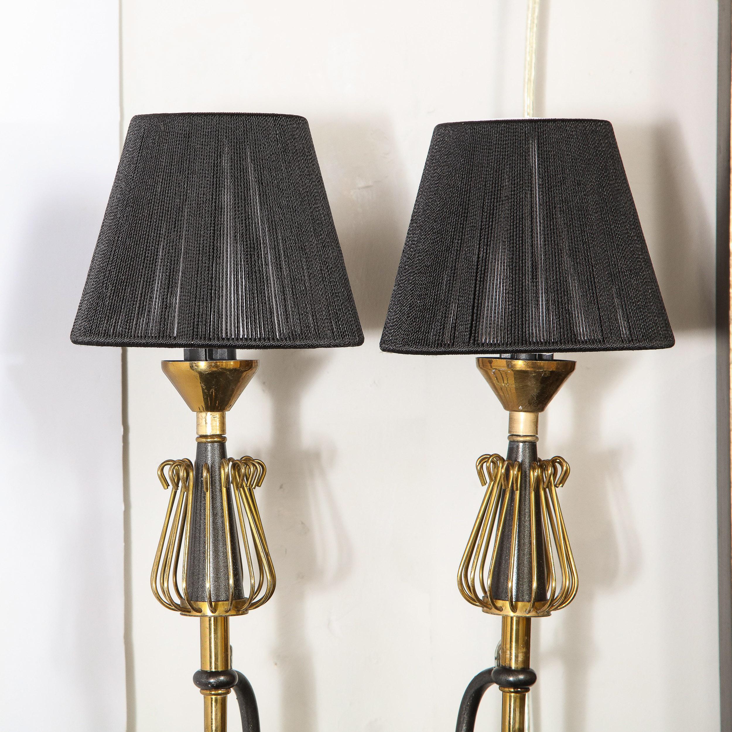 Mid-20th Century Pair of Mid-Century Modern Brass & Black Enamel Sconces w/ Curvilinear Detailing For Sale