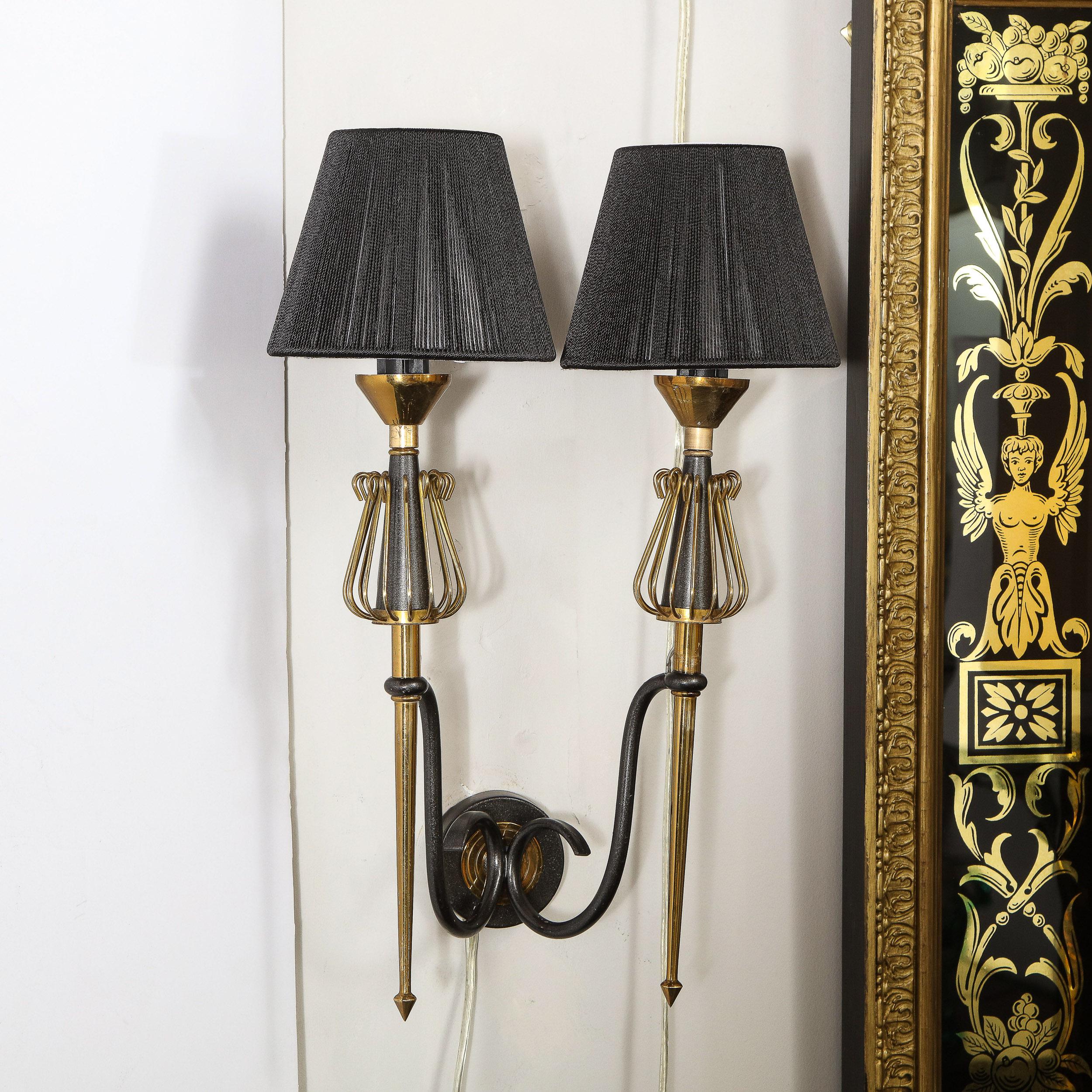 Pair of Mid-Century Modern Brass & Black Enamel Sconces w/ Curvilinear Detailing For Sale 1