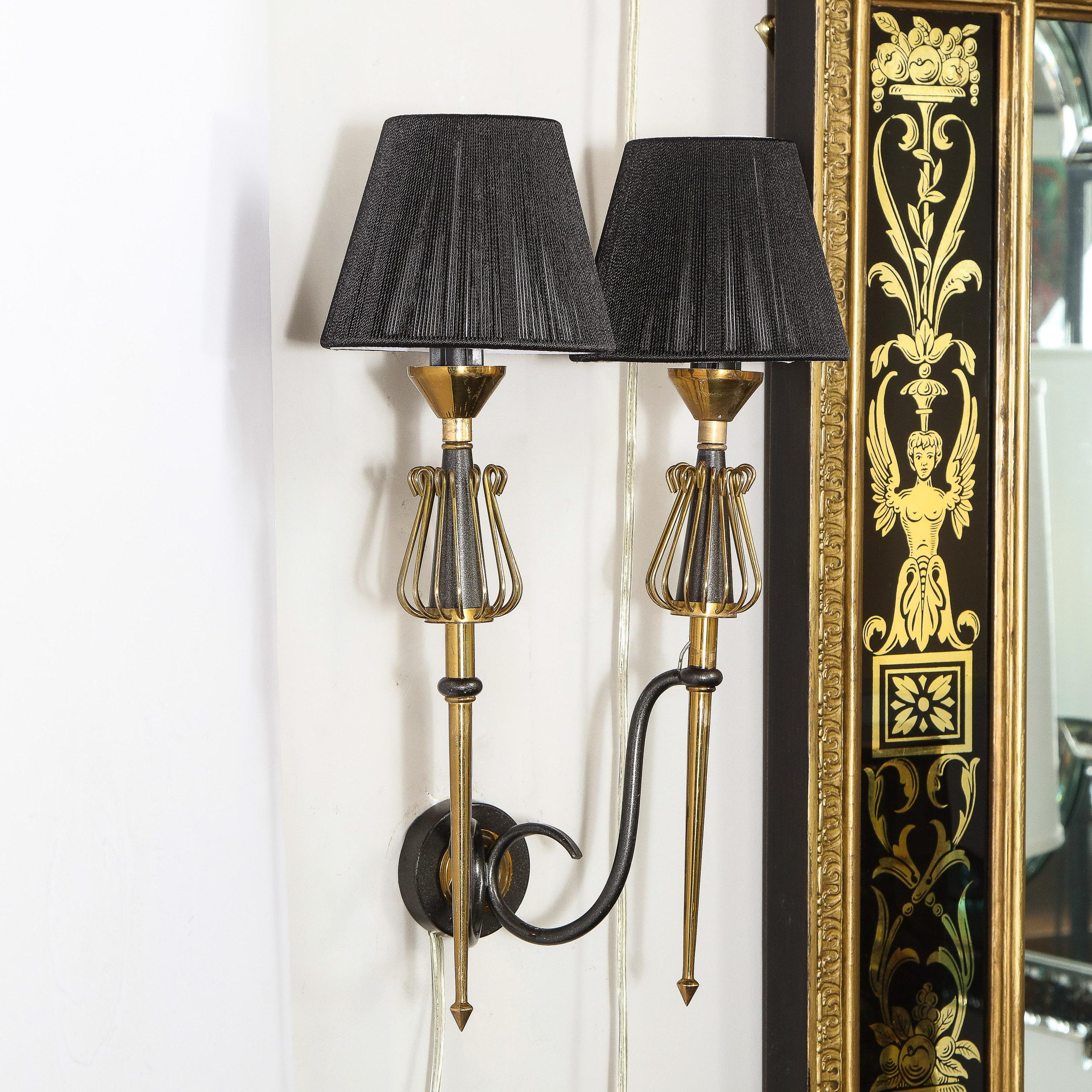 Pair of Mid-Century Modern Brass & Black Enamel Sconces w/ Curvilinear Detailing For Sale 2