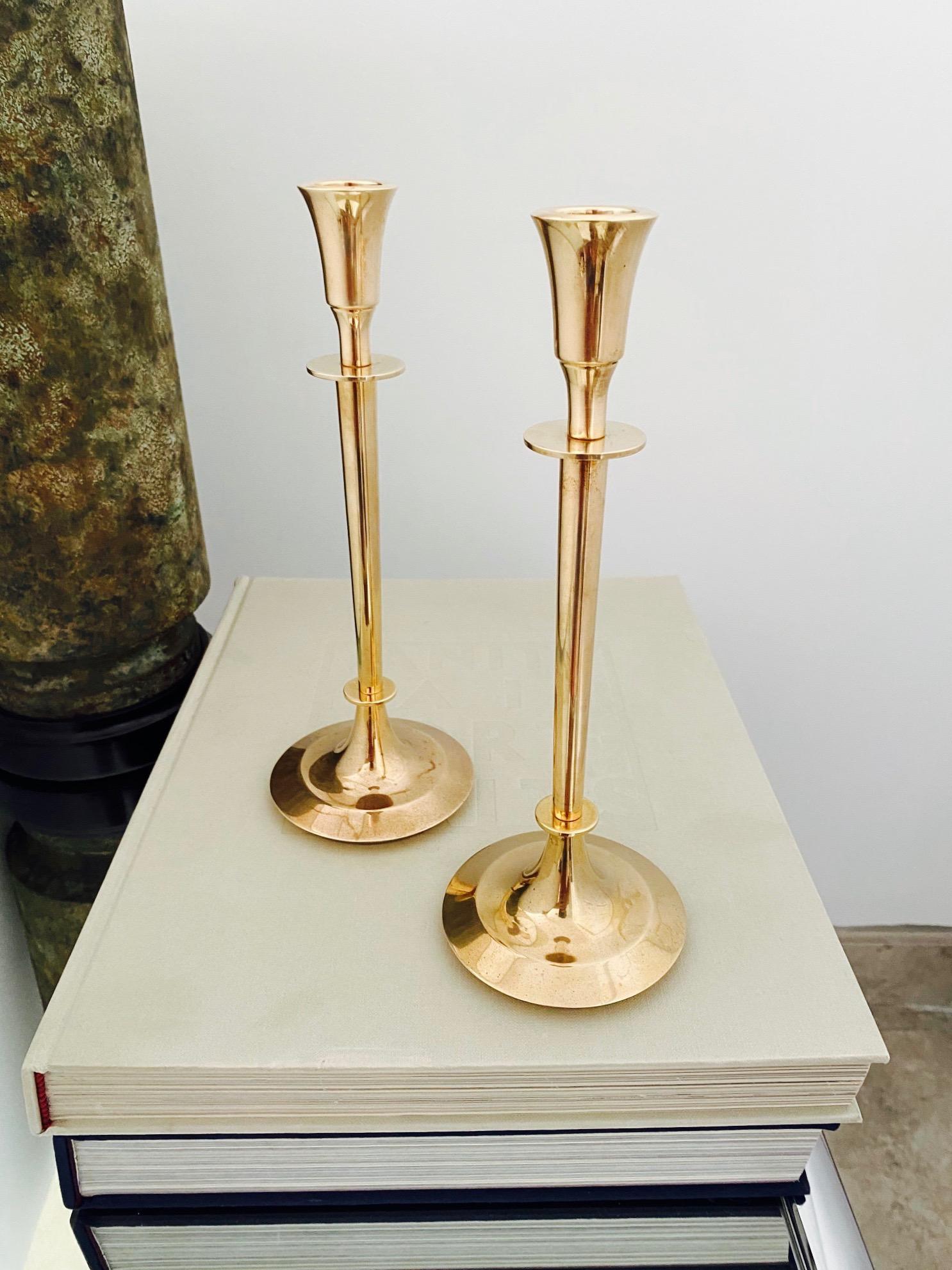 Pair of Mid-Century Modern Brass Candlesticks, Sweden, c. 1960's In Good Condition In Fort Lauderdale, FL