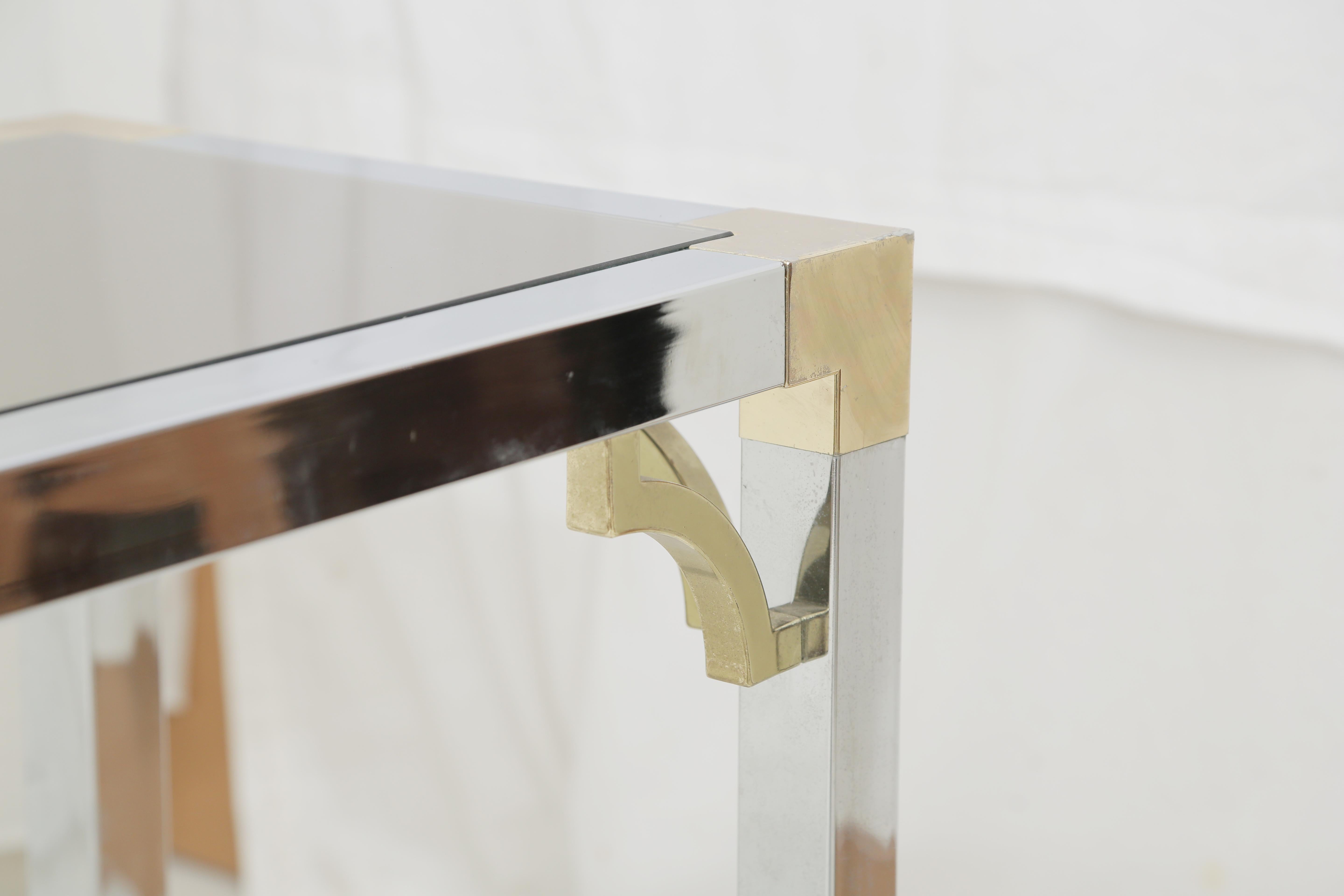 Pair of Mid-Century Modern Brass & Chrome Console Tables with a Dark Mirror Top 2