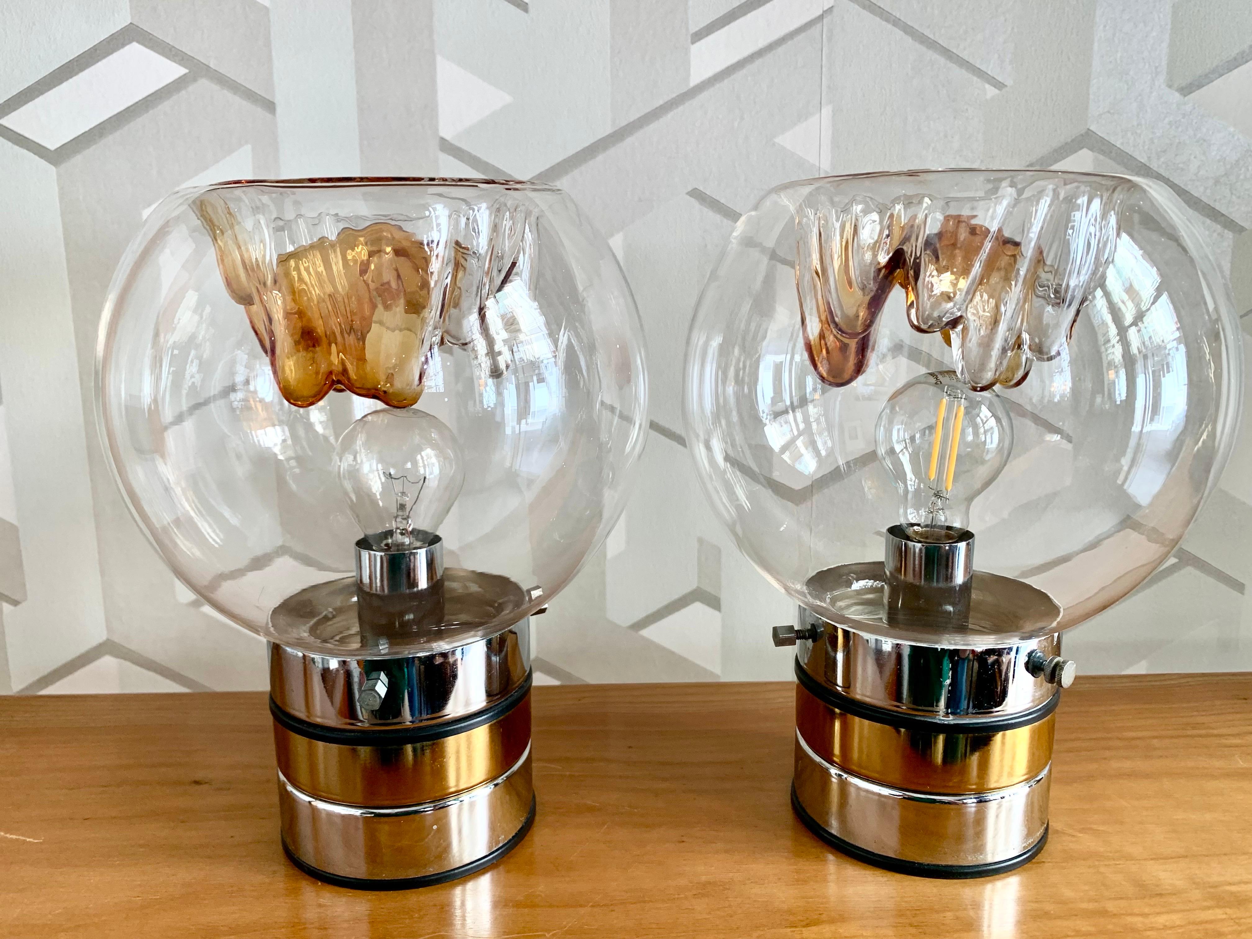 Pair of Mid Century Modern Brass Chrome Metal and Murano Glass Lamps by Mazzega For Sale 6