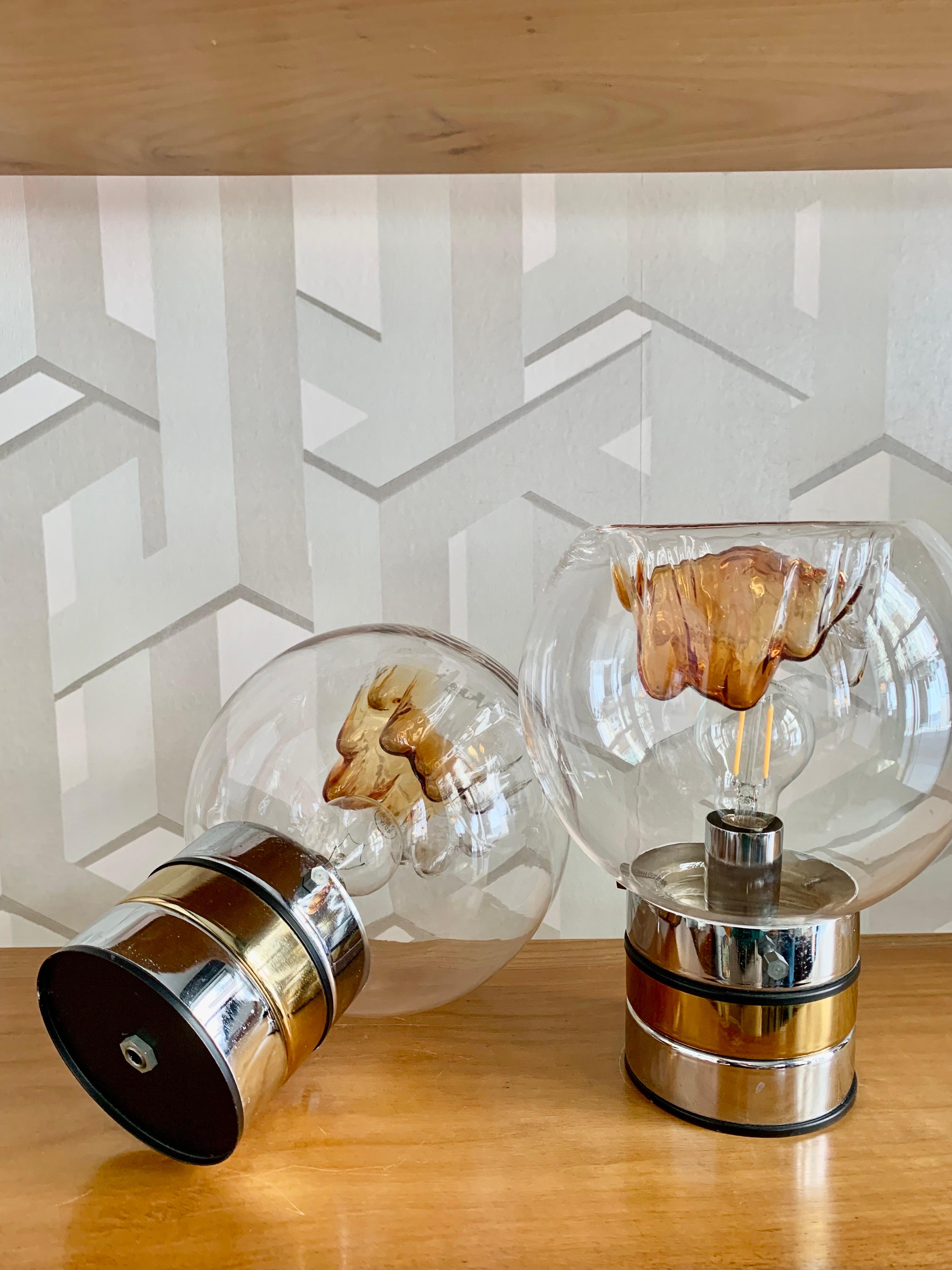 20th Century Pair of Mid Century Modern Brass Chrome Metal and Murano Glass Lamps by Mazzega For Sale