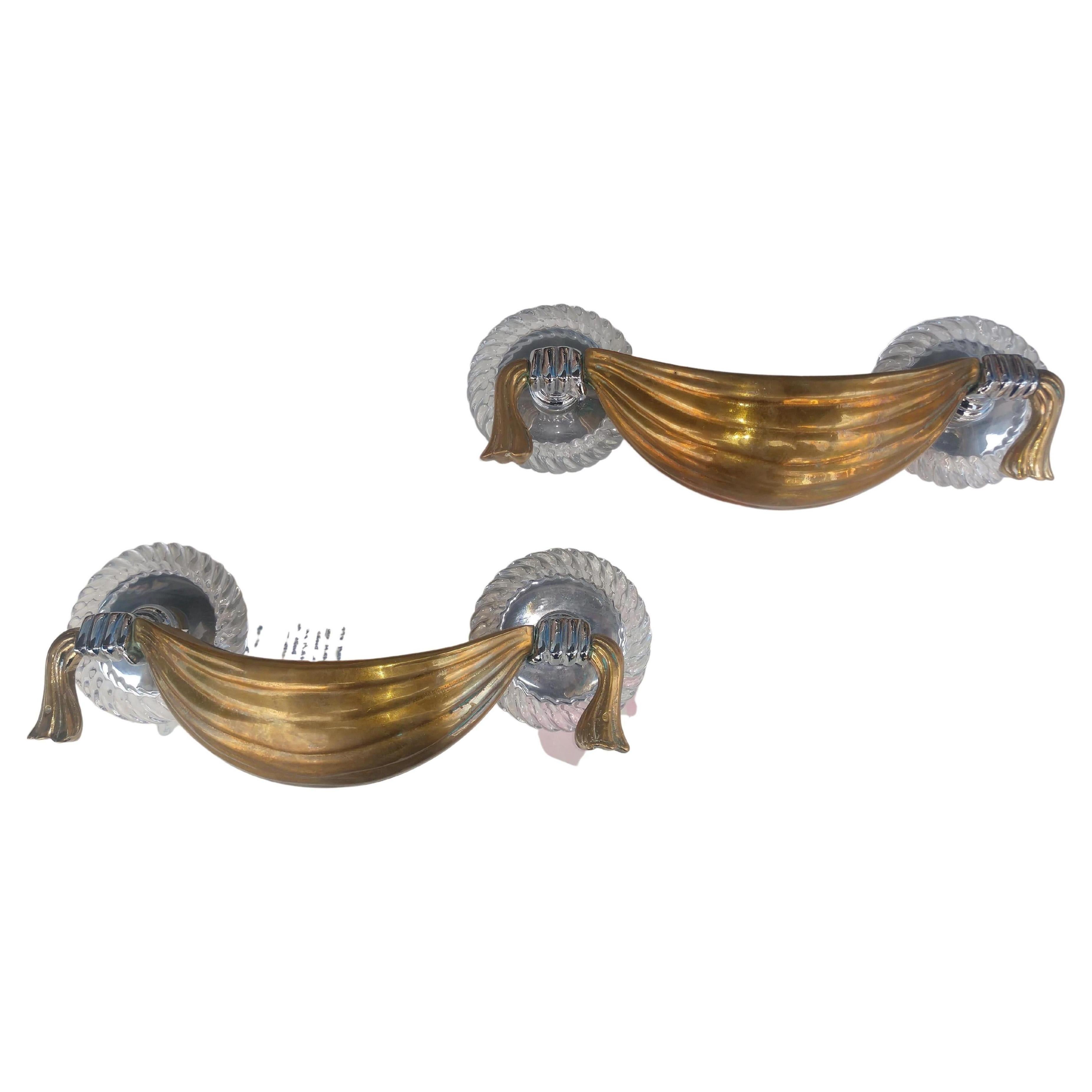 Pair of Mid Century Modern Brass Drape w Hands Hollywood Regency Wall Sconces For Sale