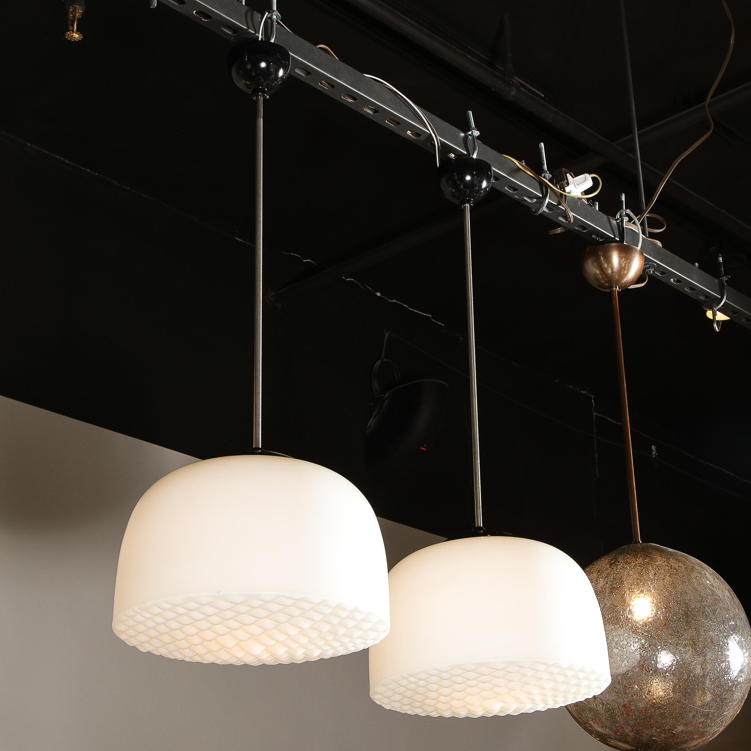 Pair of Mid-Century Modern Brass, Enamel and Waffle Milk Glass Globe Chandeliers 7
