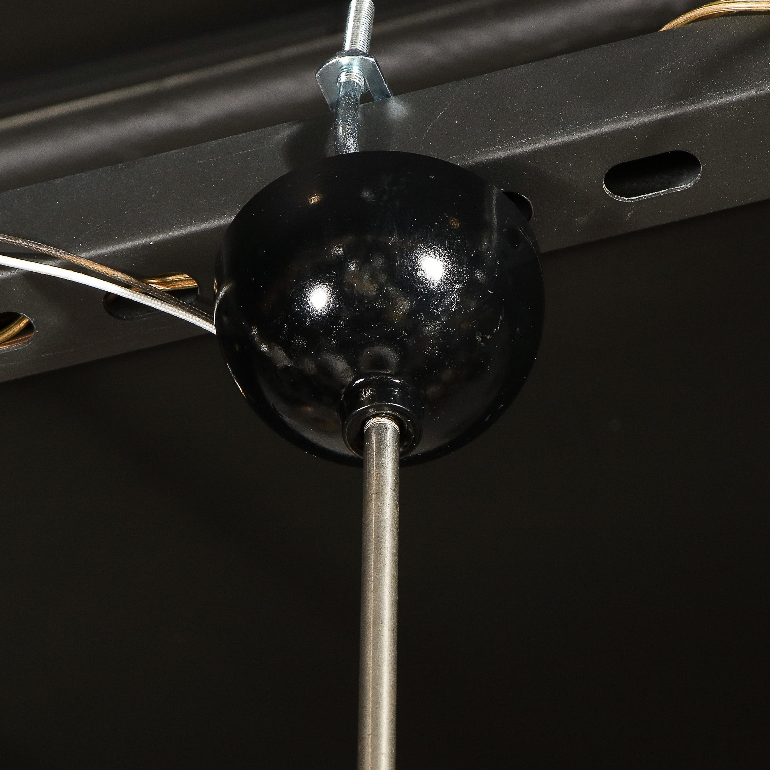 Pair of Mid-Century Modern Brass, Enamel and Waffle Milk Glass Globe Chandeliers 5