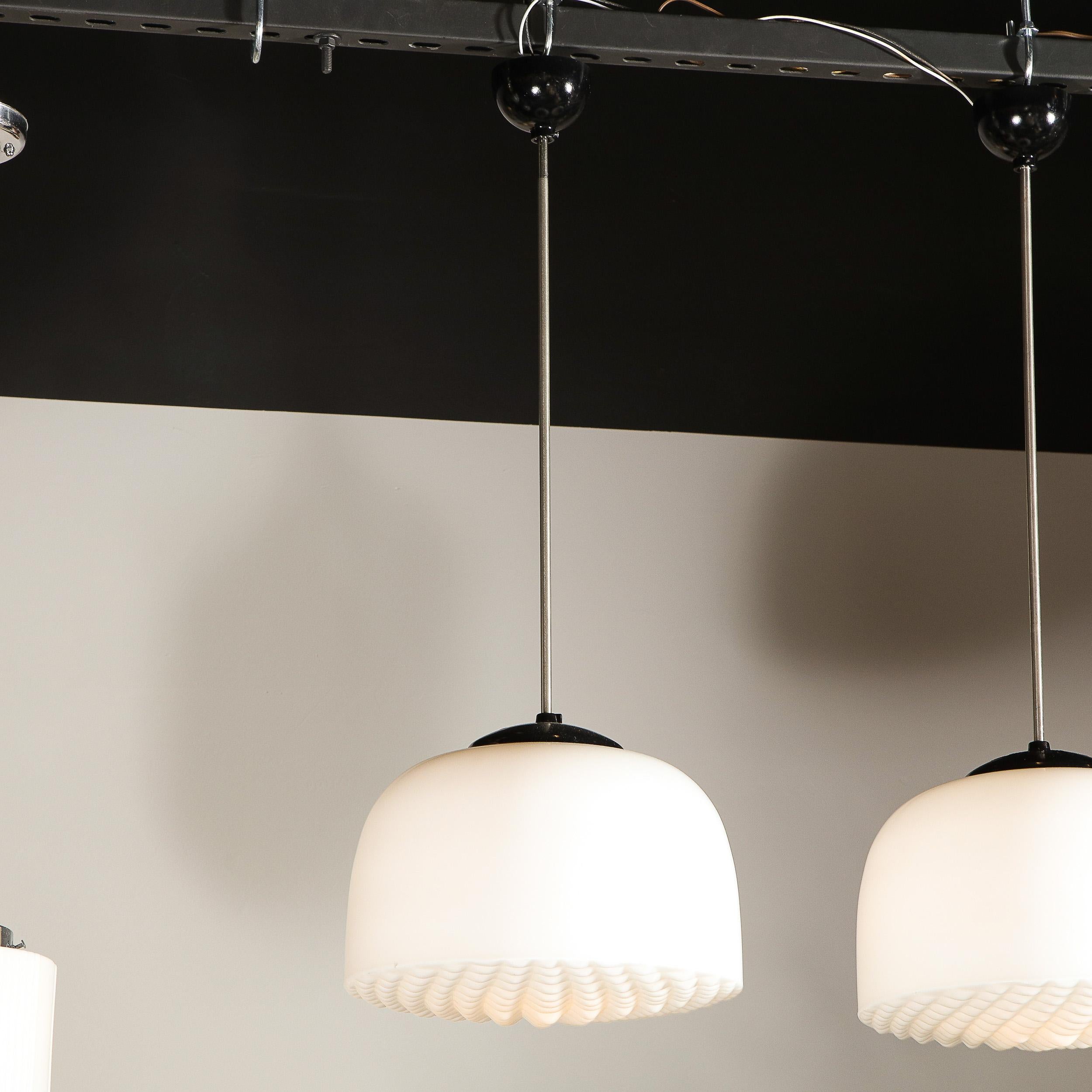 Czech Pair of Mid-Century Modern Brass, Enamel and Waffle Milk Glass Globe Chandeliers