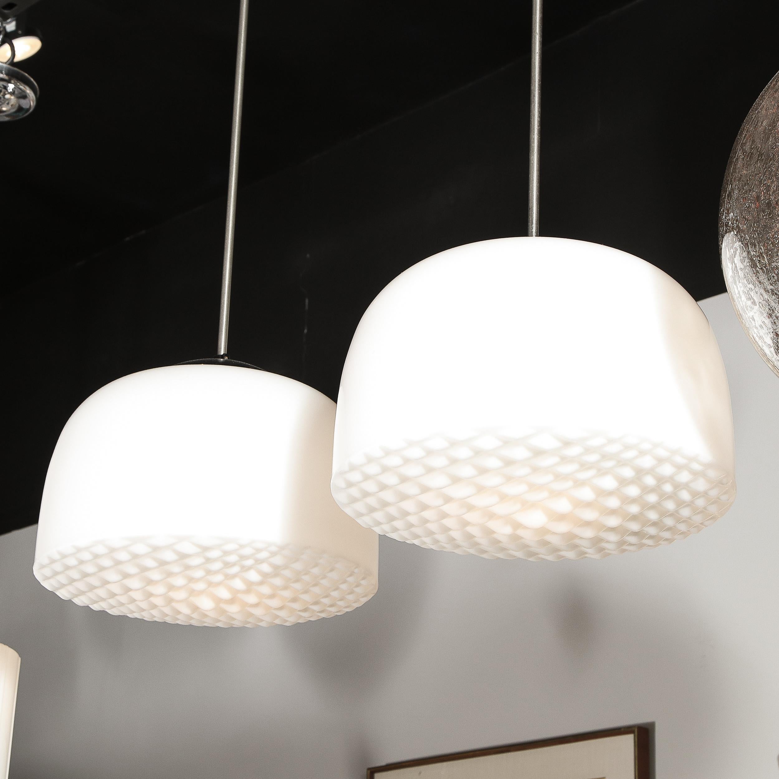 Pair of Mid-Century Modern Brass, Enamel and Waffle Milk Glass Globe Chandeliers 3