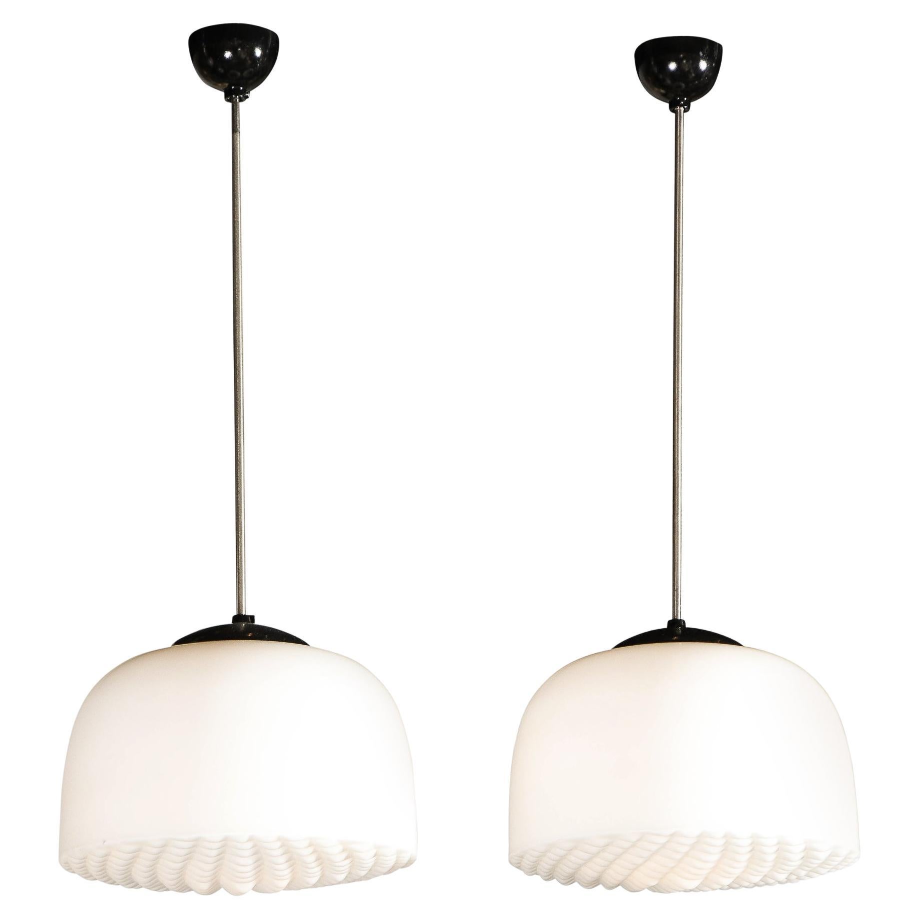 Pair of Mid-Century Modern Brass, Enamel and Waffle Milk Glass Globe Chandeliers For Sale