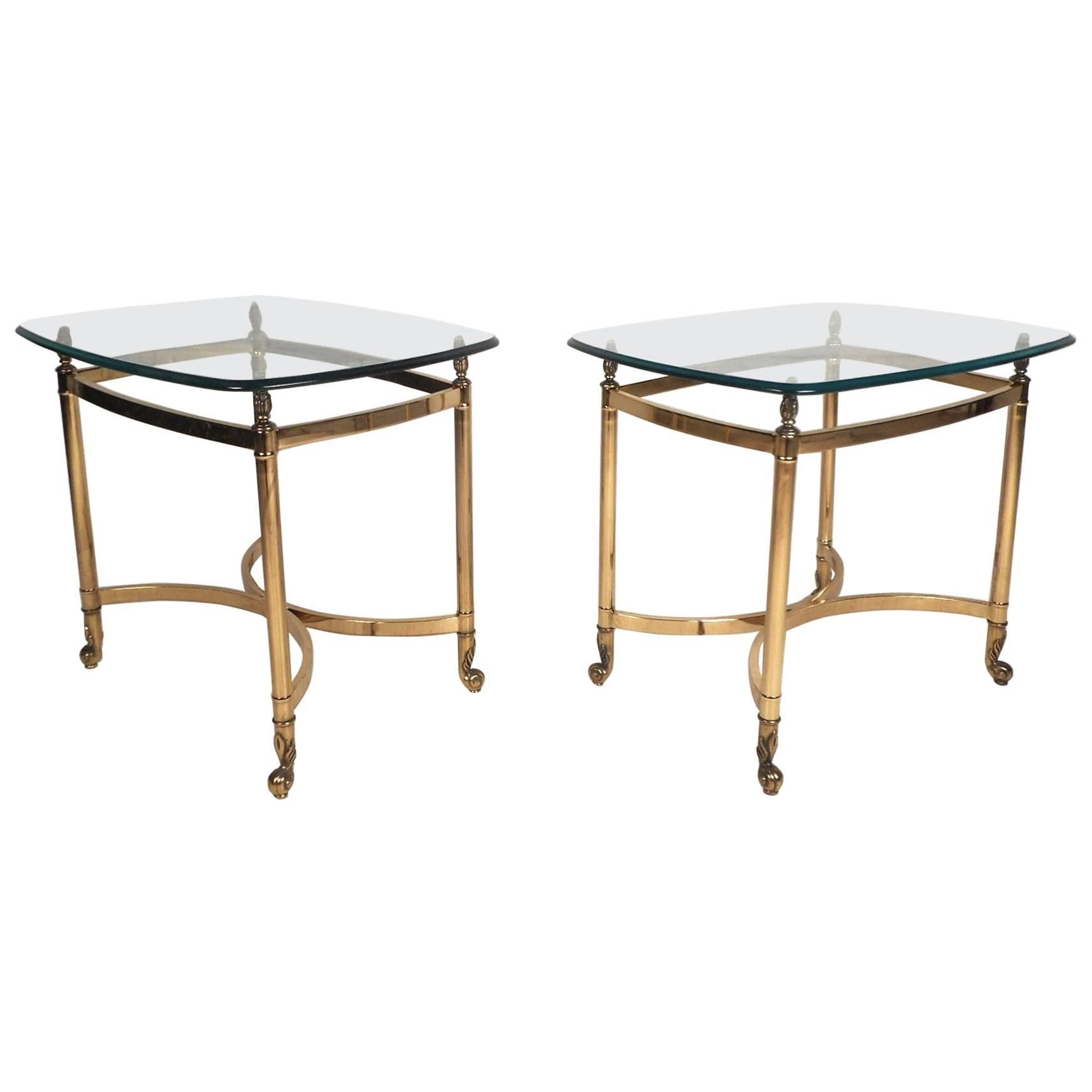 Pair of Mid-Century Modern Brass End Tables with Glass Tops