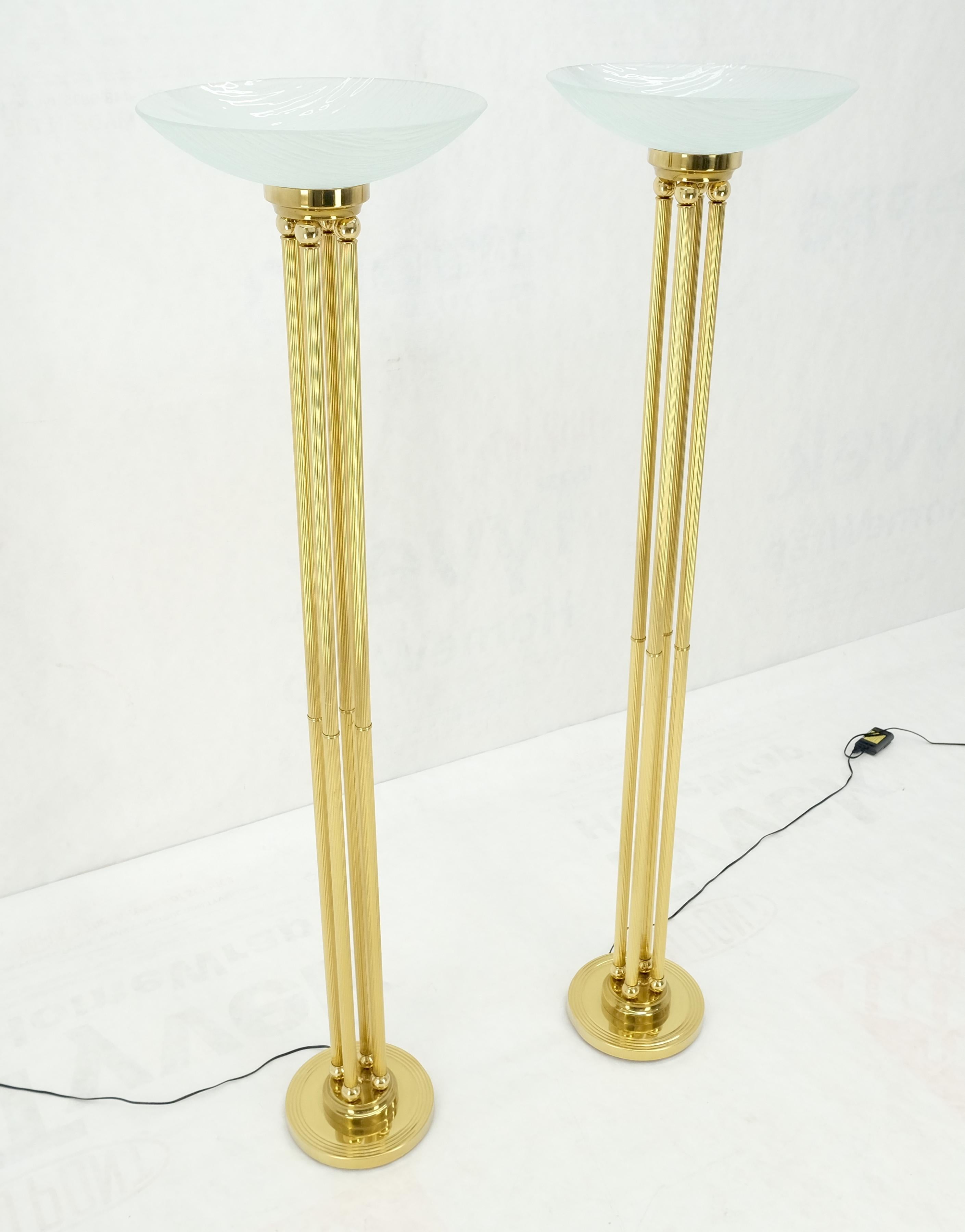 Mid-Century Modern Pair of Mid Century Modern Brass Etched Glass Shades Torcheres Floor Lamps MINT! For Sale