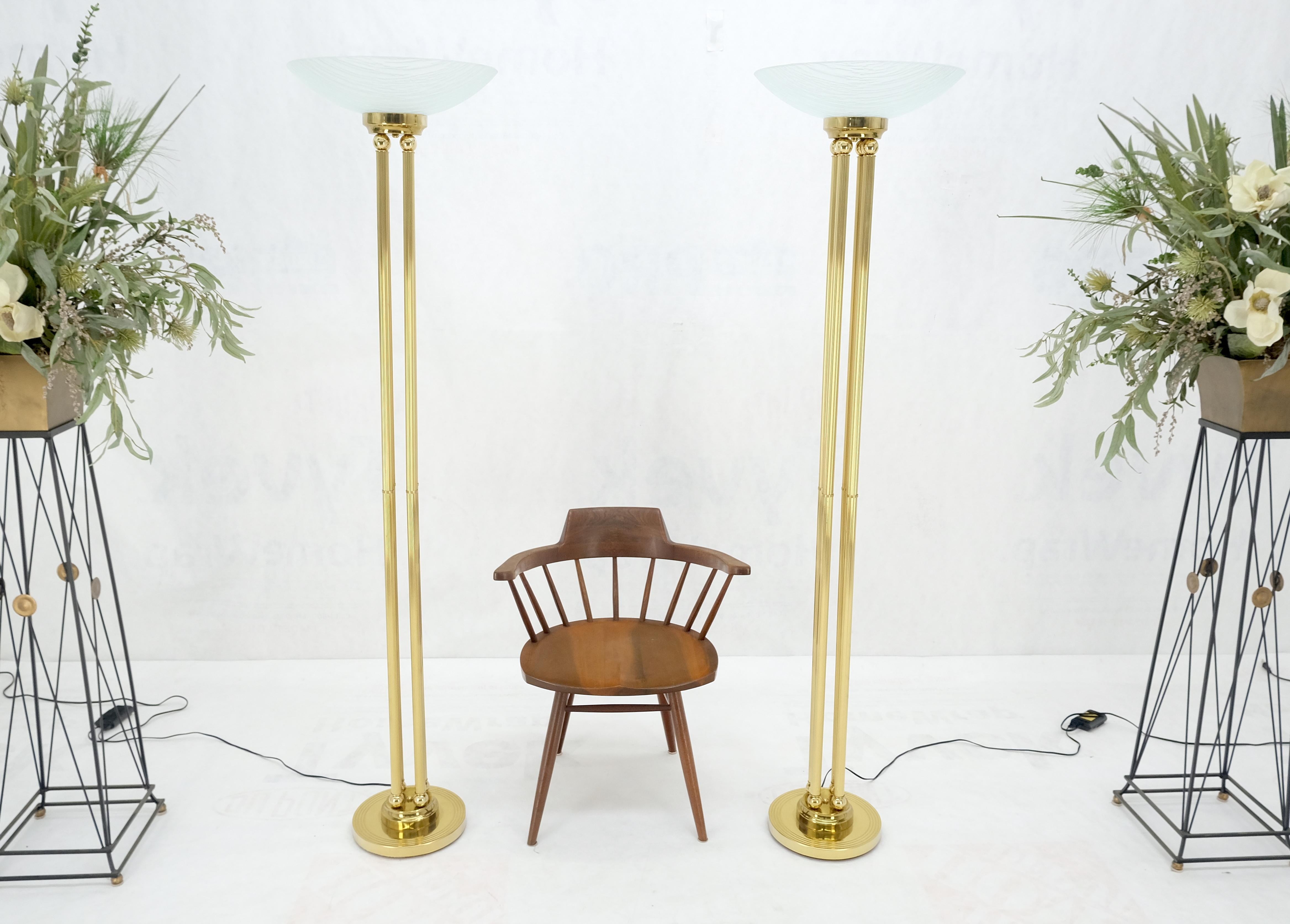 Pair of Mid Century Modern Brass Etched Glass Shades Torcheres Floor Lamps MINT! In Good Condition For Sale In Rockaway, NJ