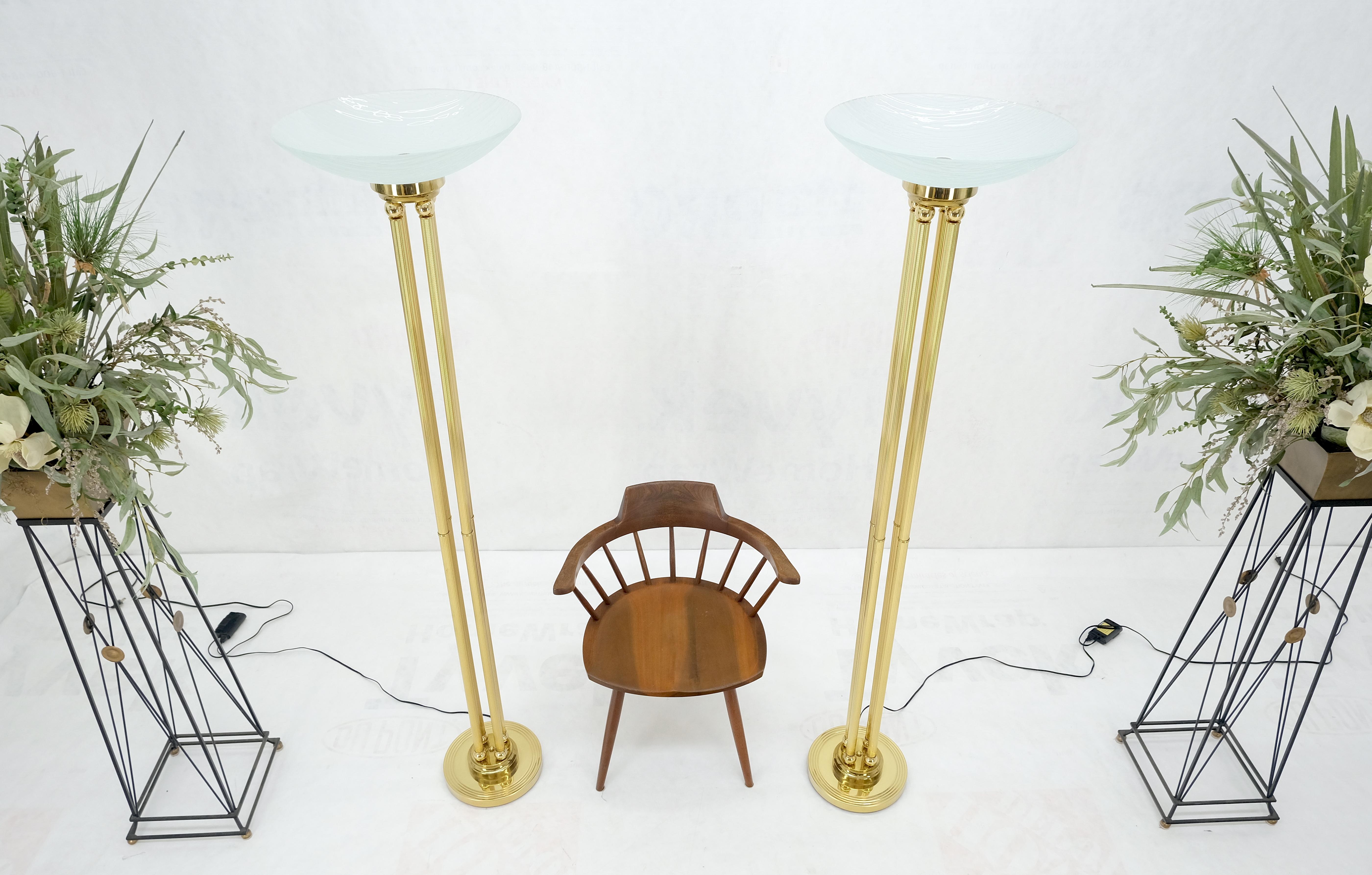 Pair of Mid Century Modern Brass Etched Glass Shades Torcheres Floor Lamps MINT! For Sale 1