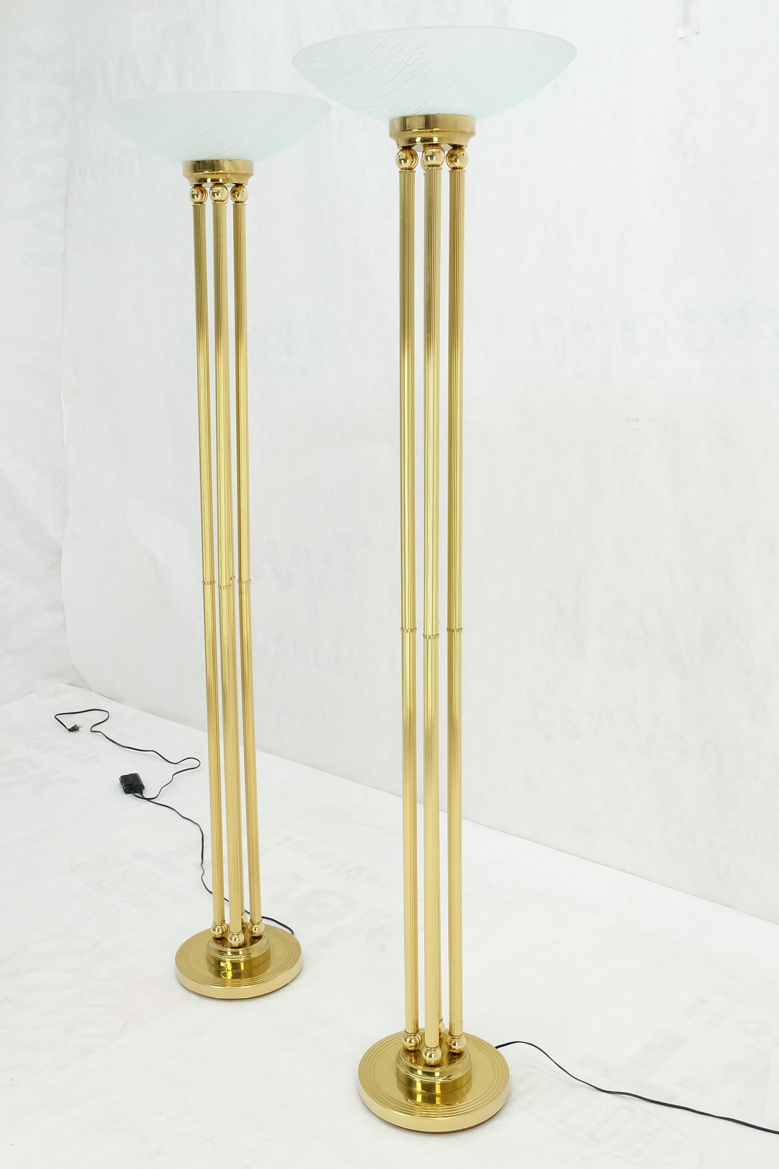 Pair of Mid Century Modern Brass Etched Glass Shades Torcheres Floor Lamps MINT! For Sale 2