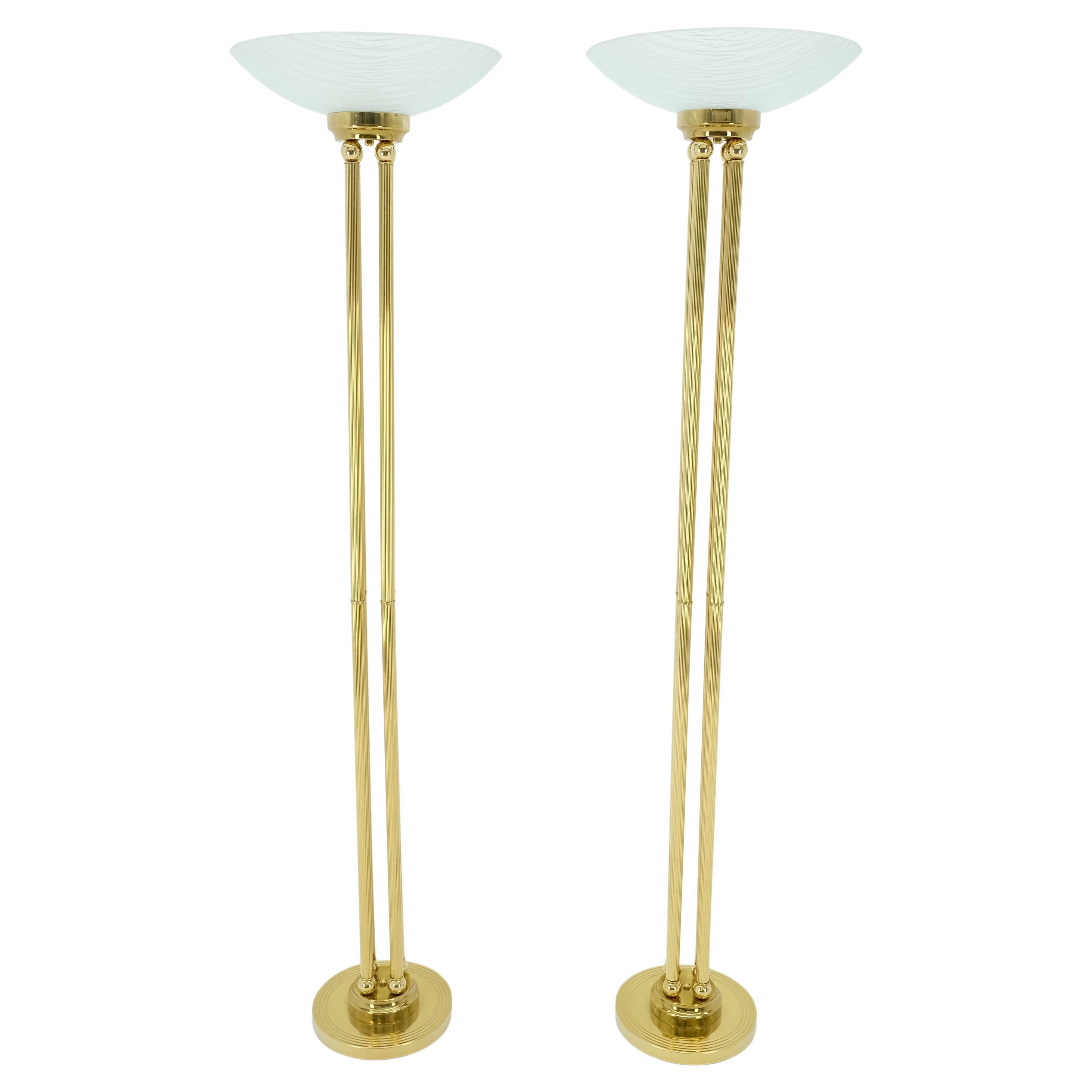 Pair of Mid Century Modern Brass Etched Glass Shades Torcheres Floor Lamps MINT! For Sale