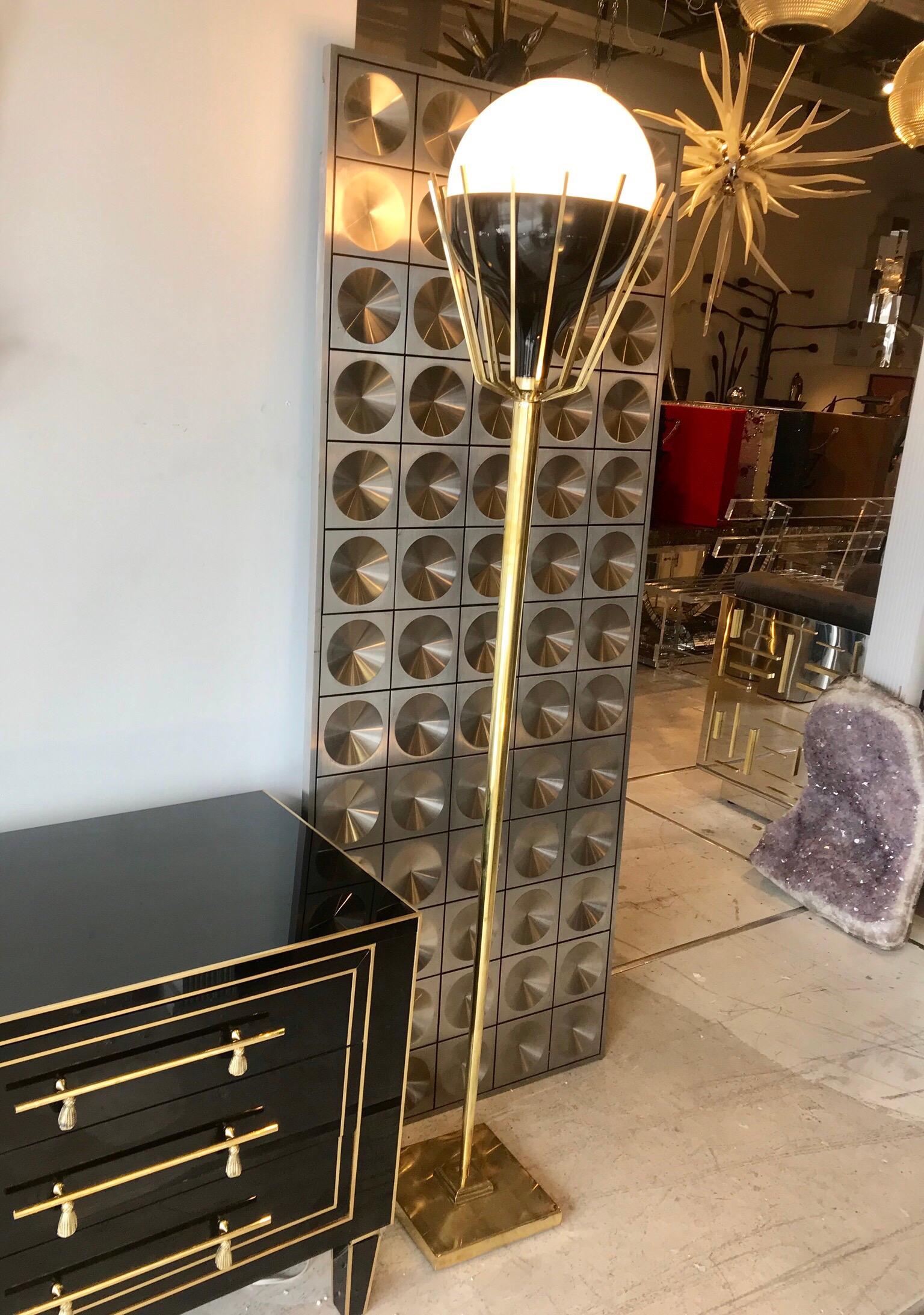 Pair of Mid-Century Modern Brass Floor Lamps with Glass Globes In Good Condition In Miami, FL