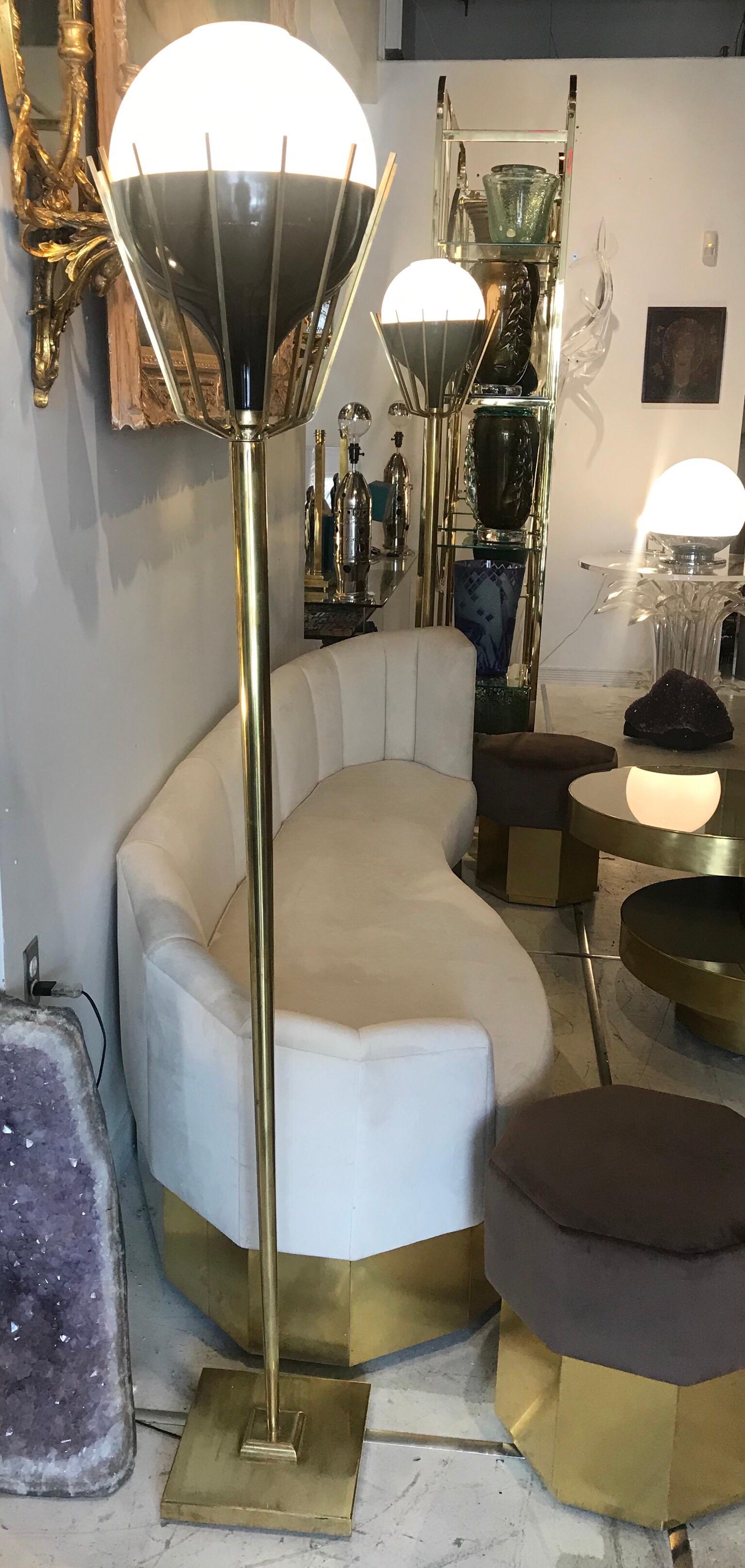 Pair of Mid-Century Modern Brass Floor Lamps with Glass Globes 2