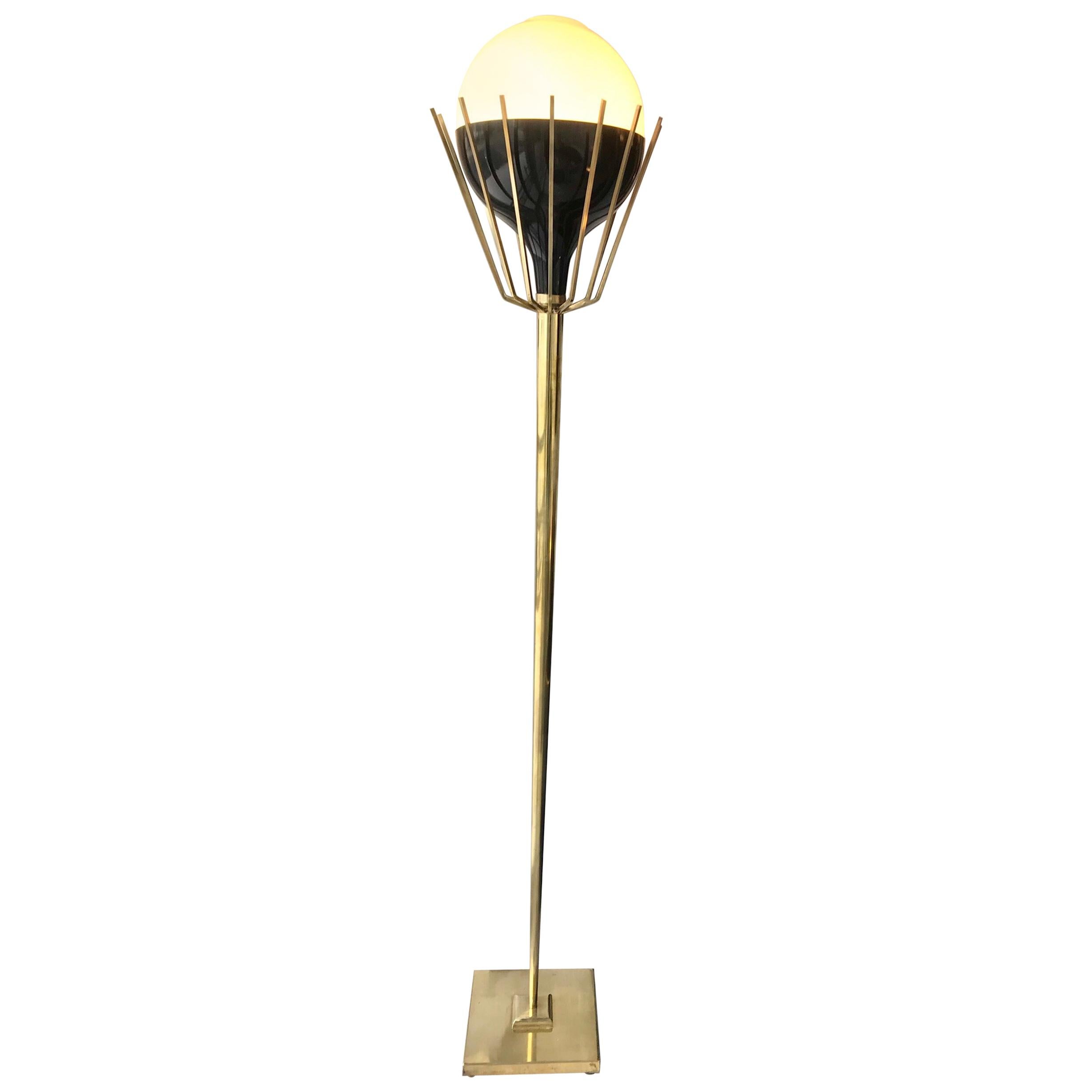 Pair of Mid-Century Modern Brass Floor Lamps with Glass Globes
