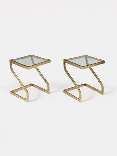 Pair of Mid-Century Modern Brass & Glass Floating Cantilever Side Tables
