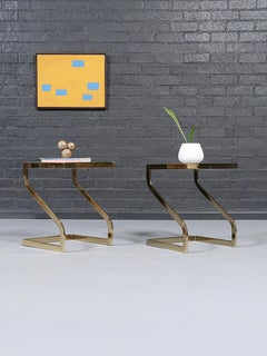 Pair of Mid-Century Modern Brass & Glass Floating Cantilever Side Tables